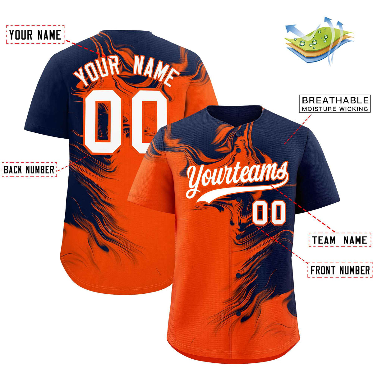 Custom Navy Orange Personalized Ink Pattern Authentic Baseball Jersey| KXKSHOP