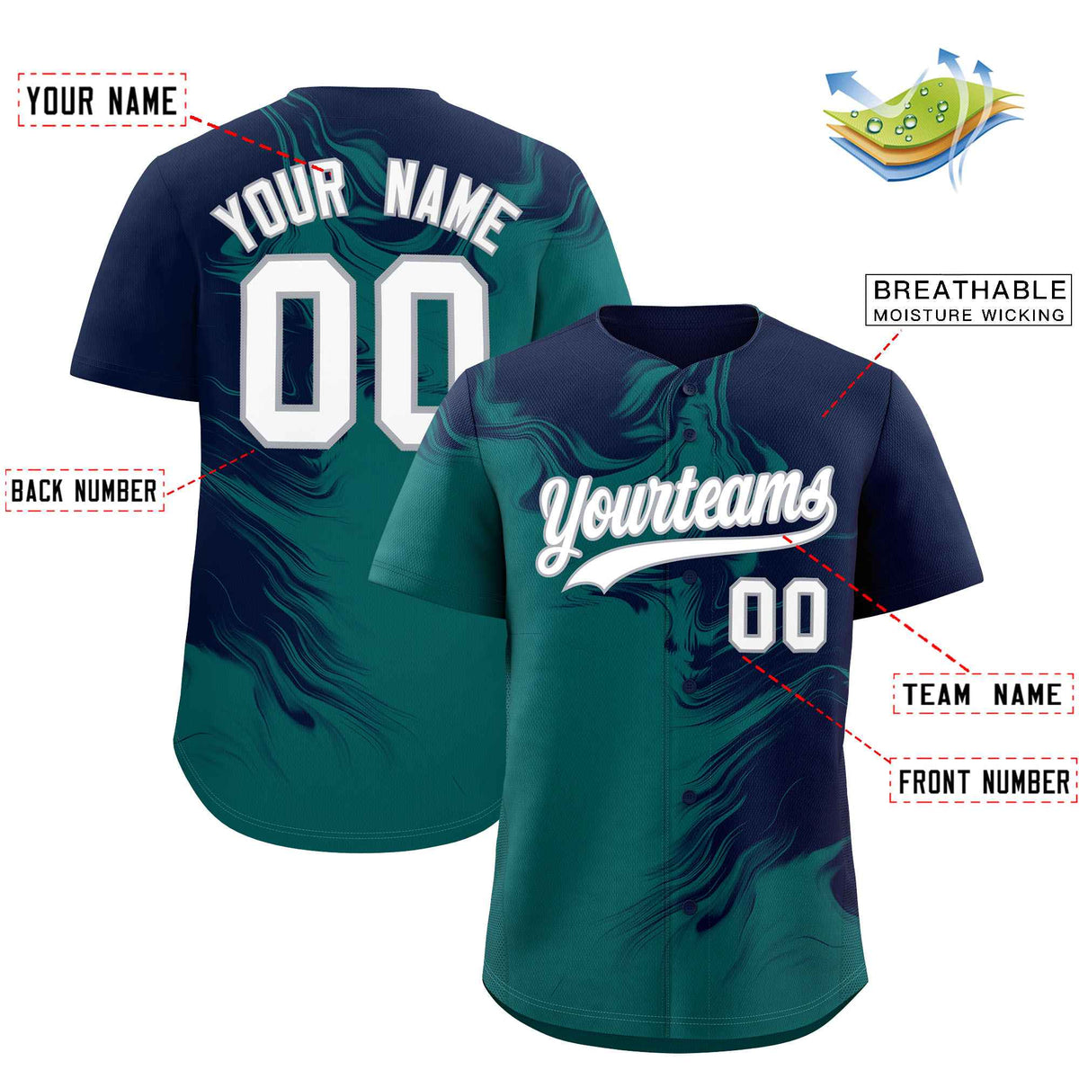 Custom Navy Aqua Personalized Ink Pattern Authentic Baseball Jersey| KXKSHOP