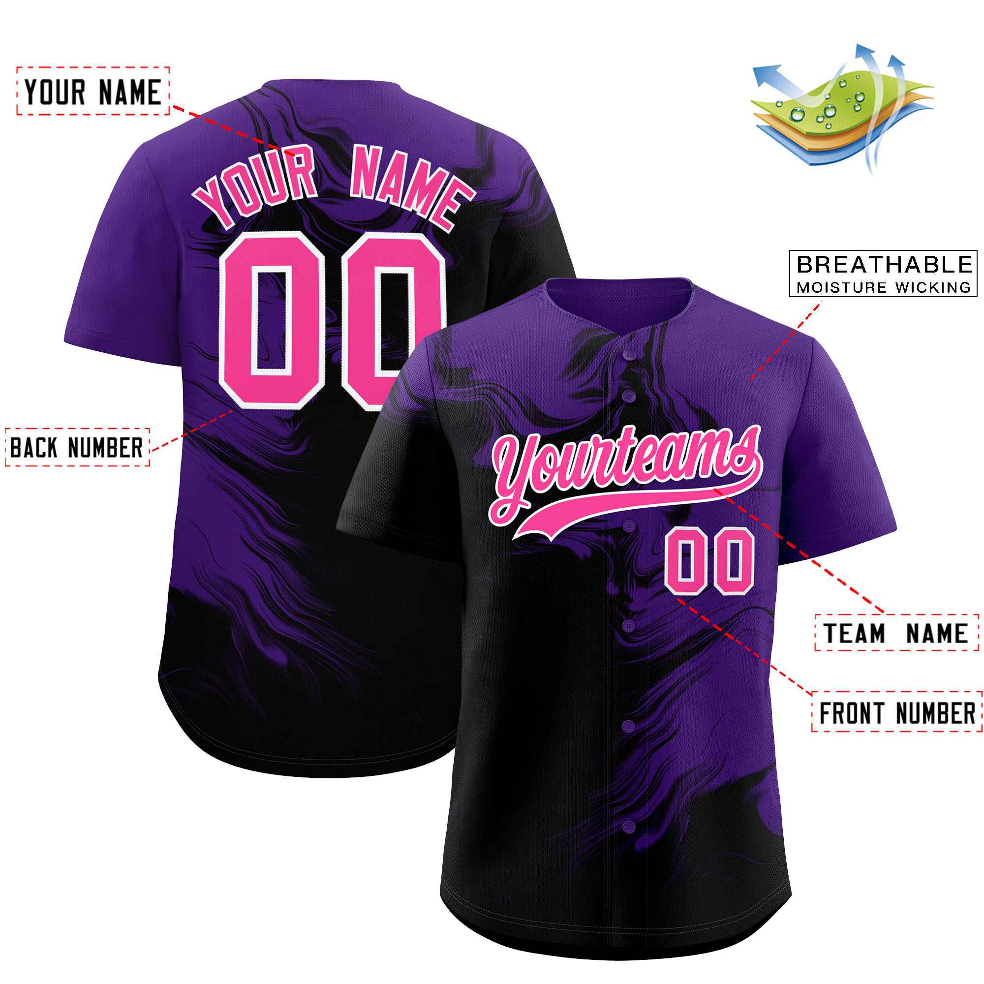 Custom Purple Black Personalized Ink Pattern Authentic Baseball Jersey| KXKSHOP