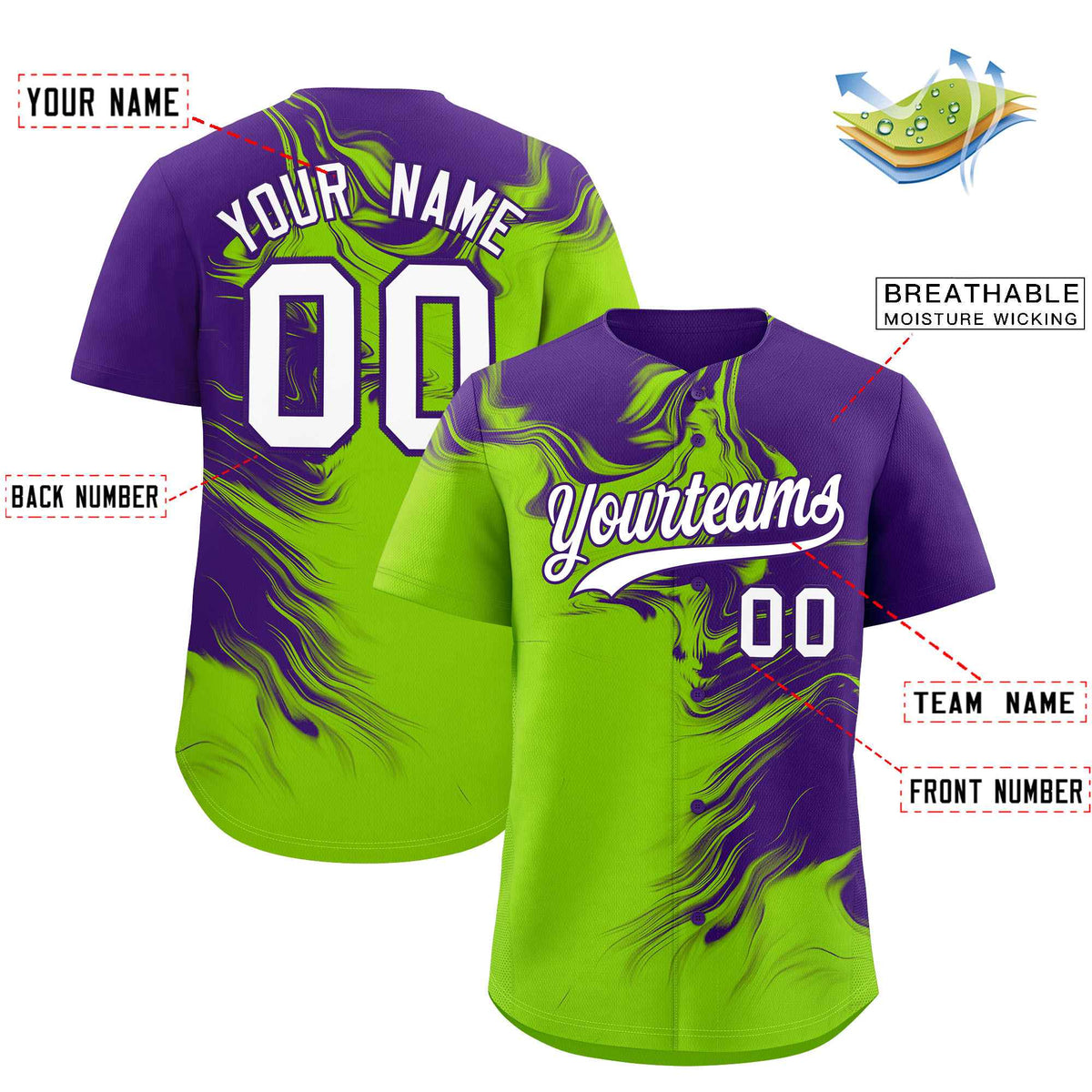 Custom Purple Neon Green Personalized Ink Pattern Authentic Baseball Jersey| KXKSHOP