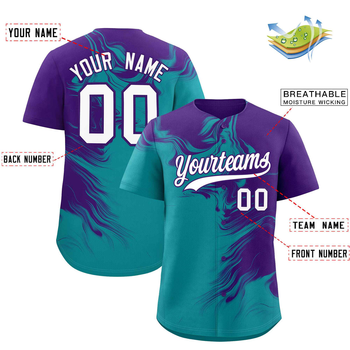 Custom Purple Aqua Personalized Ink Pattern Authentic Baseball Jersey| KXKSHOP