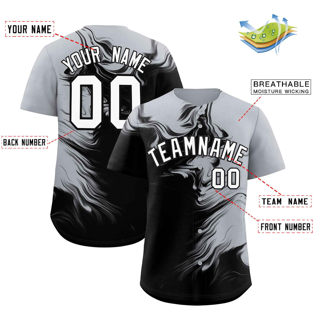 Custom Gray Black Personalized Ink Pattern Authentic Baseball Jersey| KXKSHOP