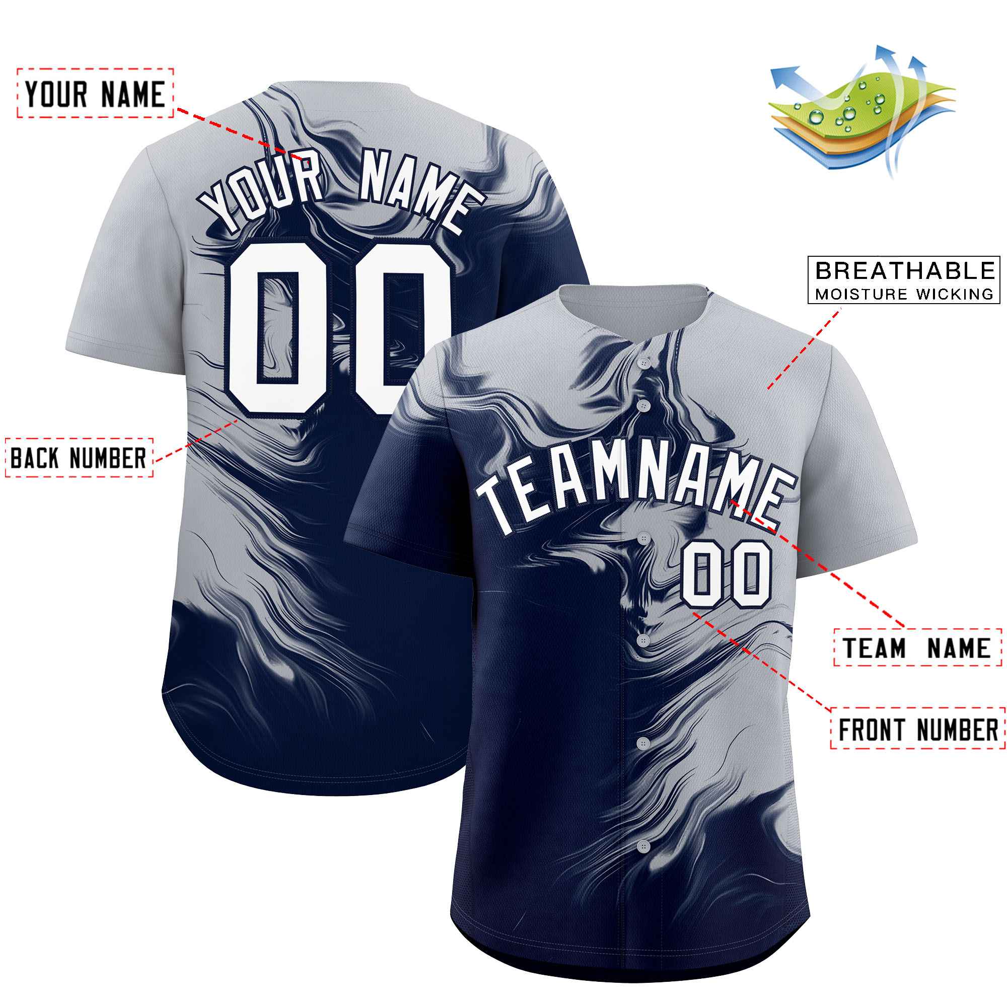 Custom Gray Navy Personalized Ink Pattern Authentic Baseball Jersey| KXKSHOP