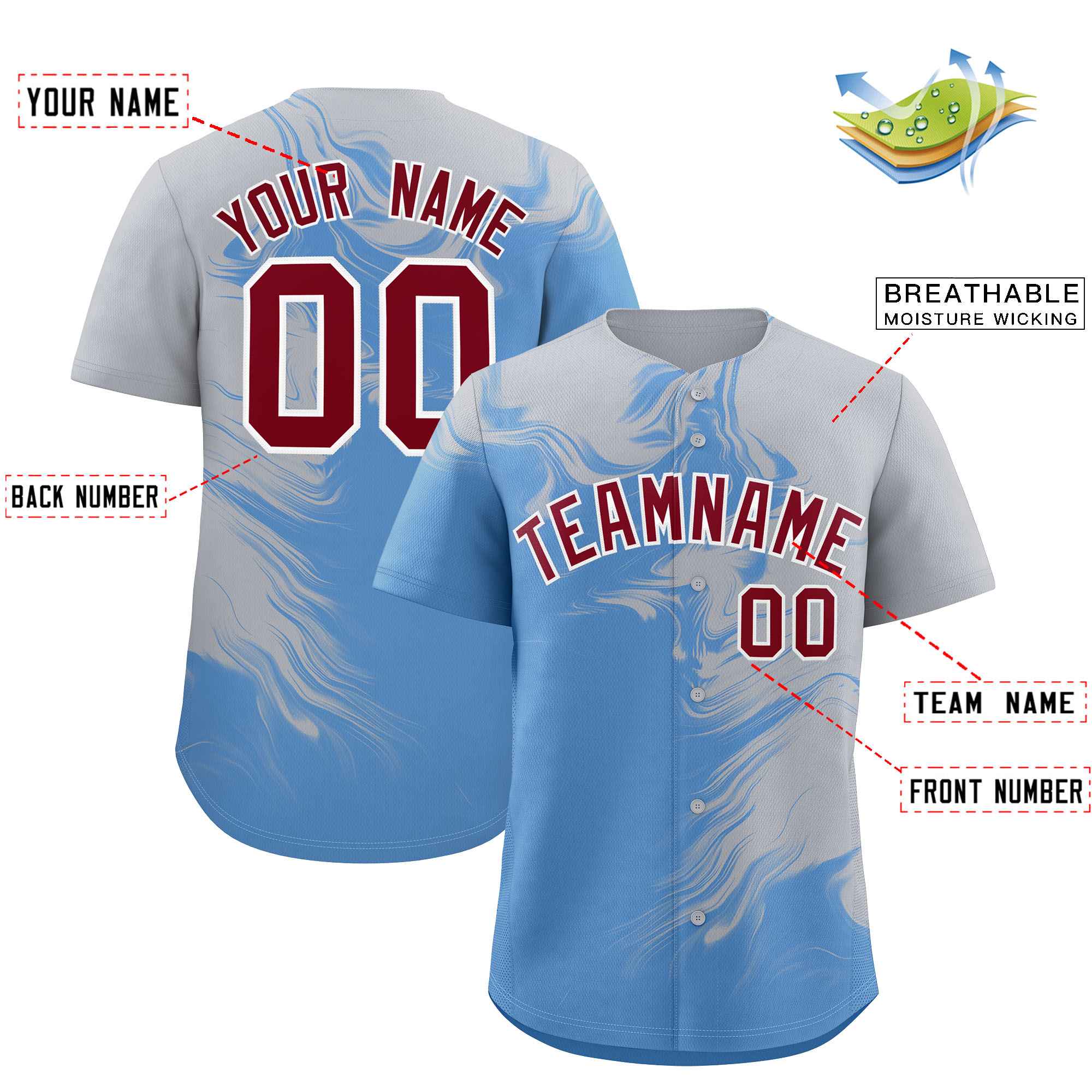 Custom Gray Powder Blue Personalized Ink Pattern Authentic Baseball Jersey| KXKSHOP