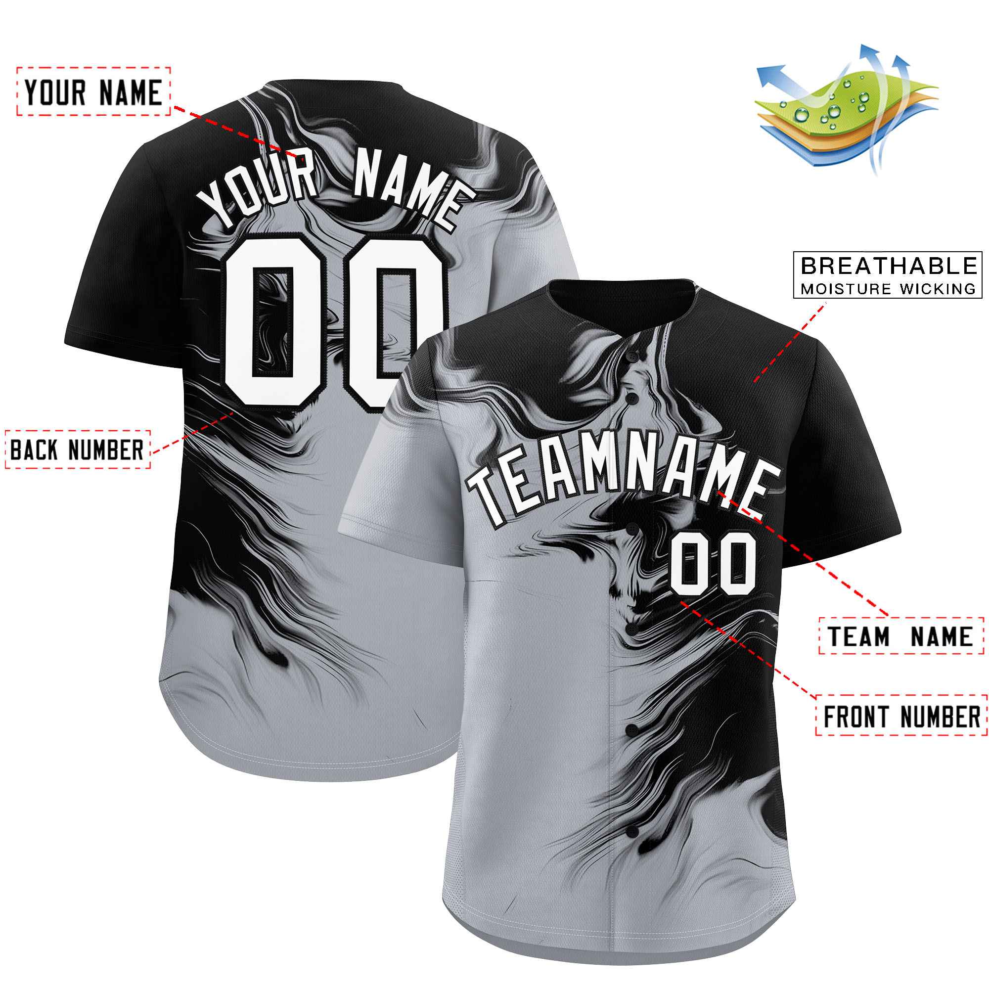 Custom Black Gray Personalized Ink Pattern Authentic Baseball Jersey| KXKSHOP