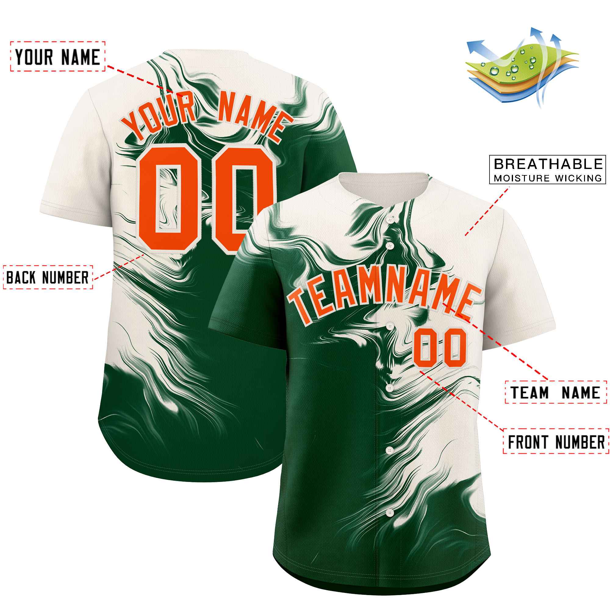 Custom Cream Green Personalized Ink Pattern Authentic Baseball Jersey| KXKSHOP