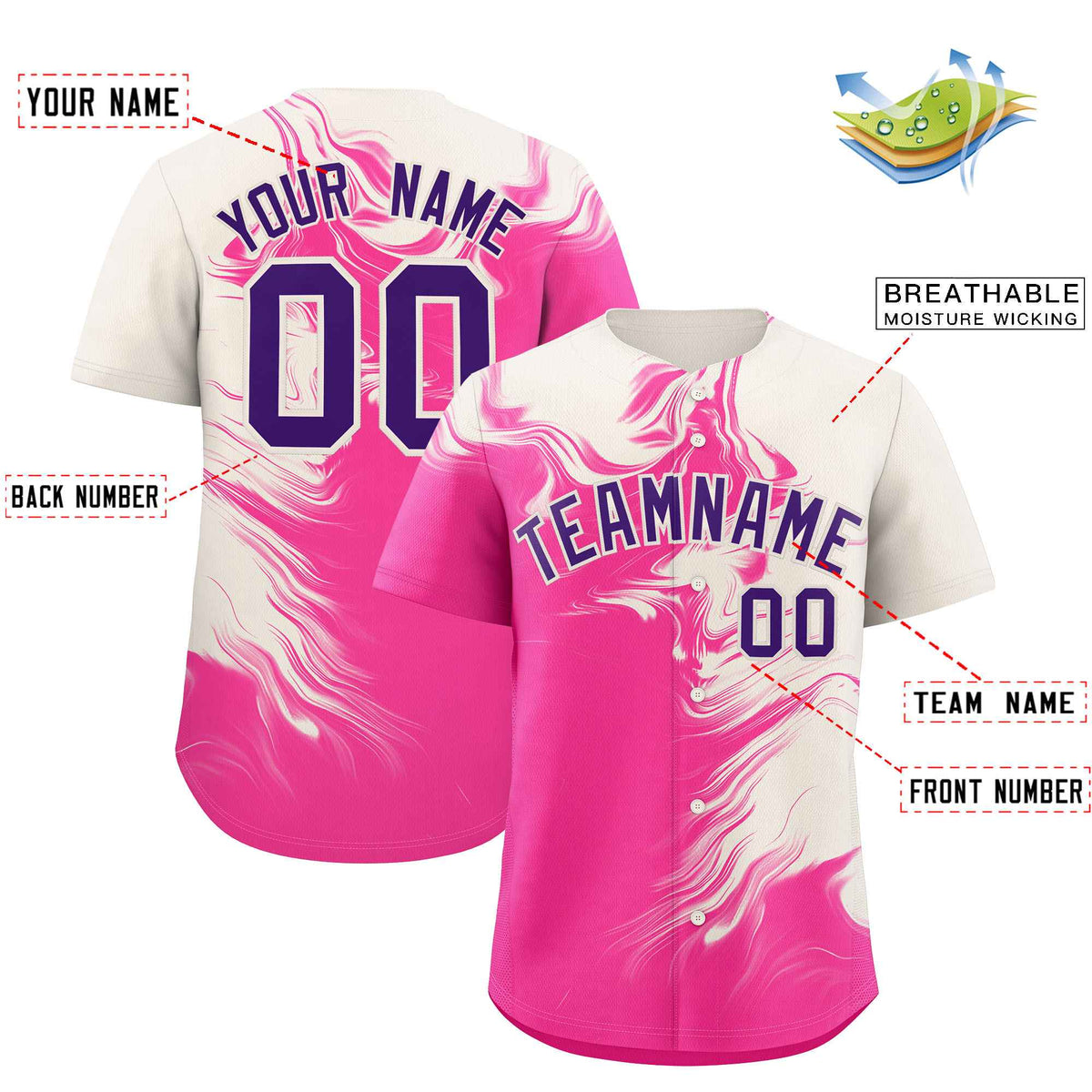 Custom Cream Pink Personalized Ink Pattern Authentic Baseball Jersey| KXKSHOP