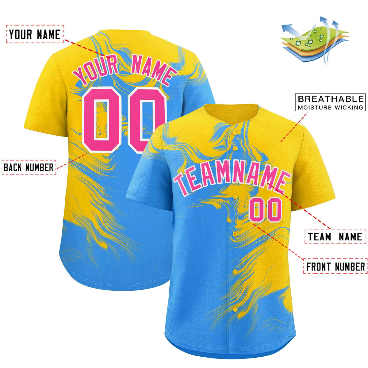 Custom Gold Powder Blue Personalized Ink Pattern Authentic Baseball Jersey| KXKSHOP