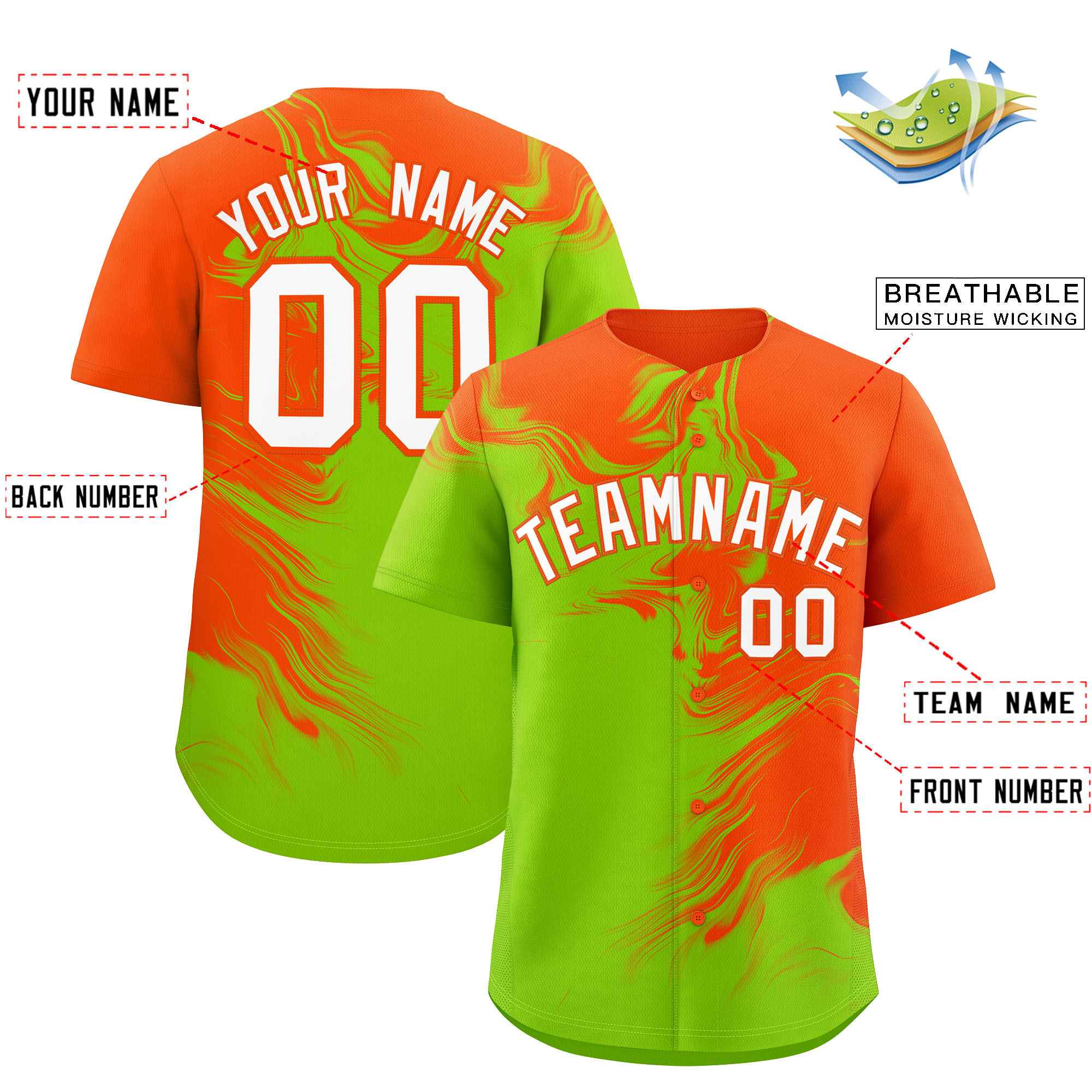 Custom Orange Neon Green Personalized Ink Pattern Authentic Baseball Jersey| KXKSHOP