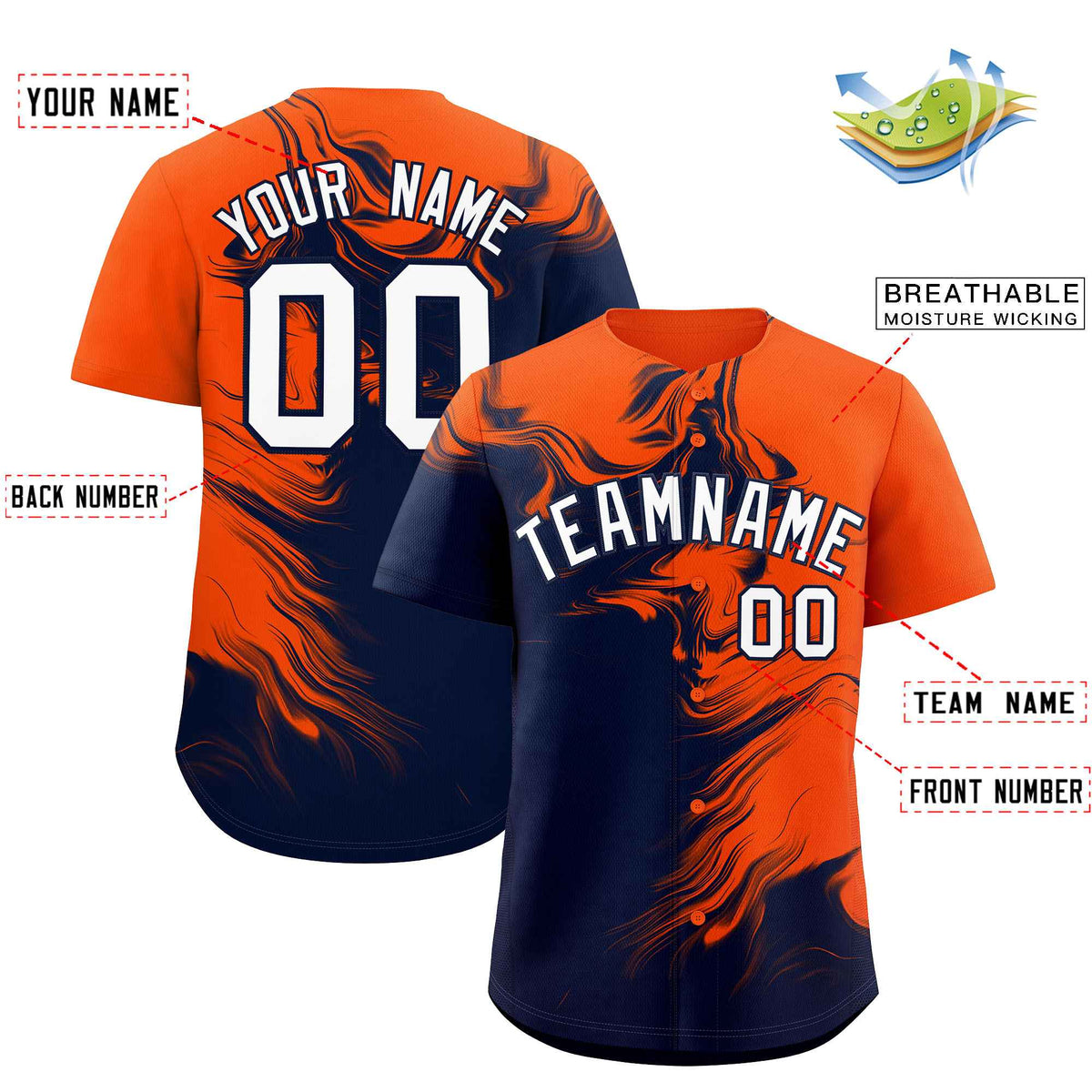 Custom Orange Navy Personalized Ink Pattern Authentic Baseball Jersey| KXKSHOP