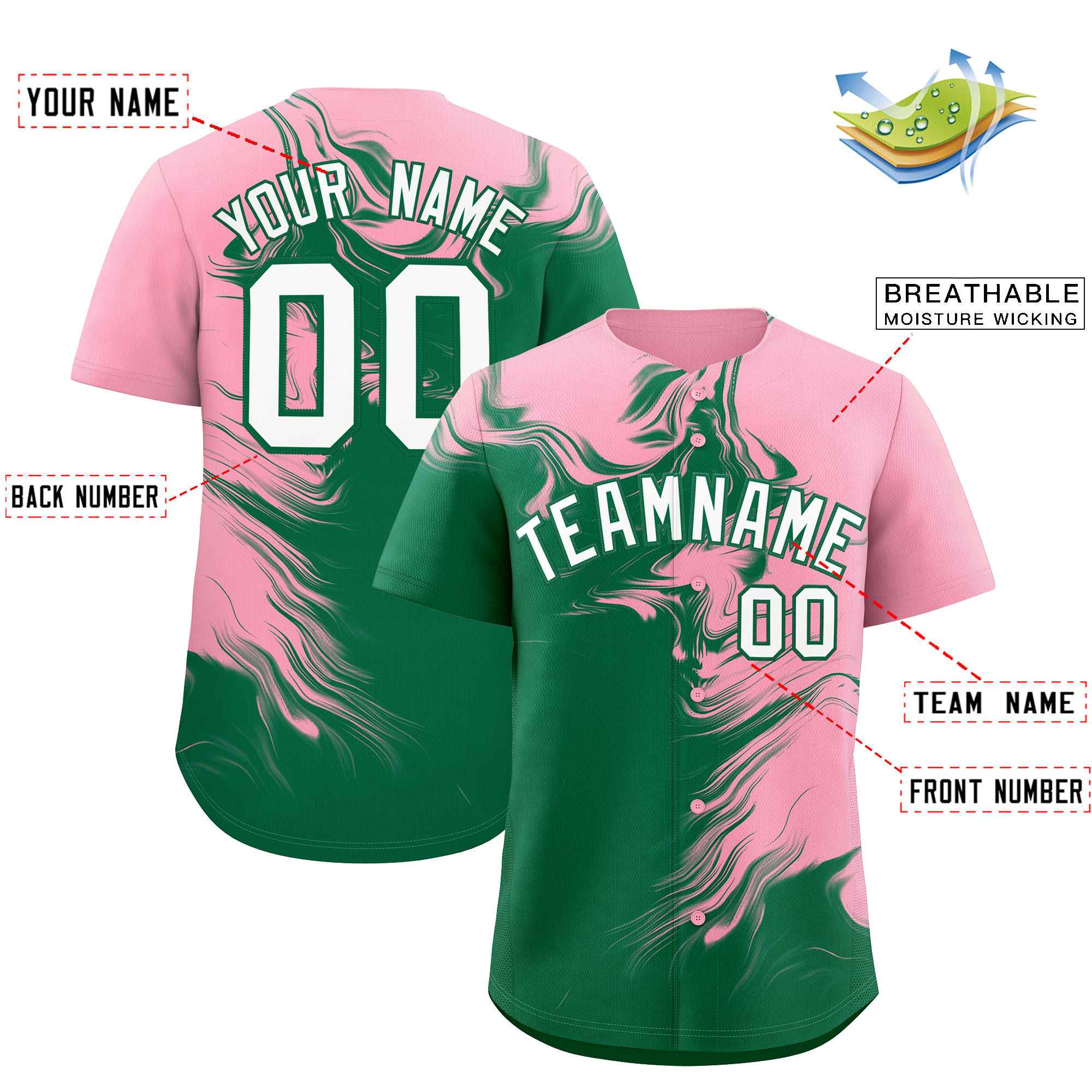 Custom Light Pink Kelly Green Personalized Ink Pattern Authentic Baseball Jersey| KXKSHOP