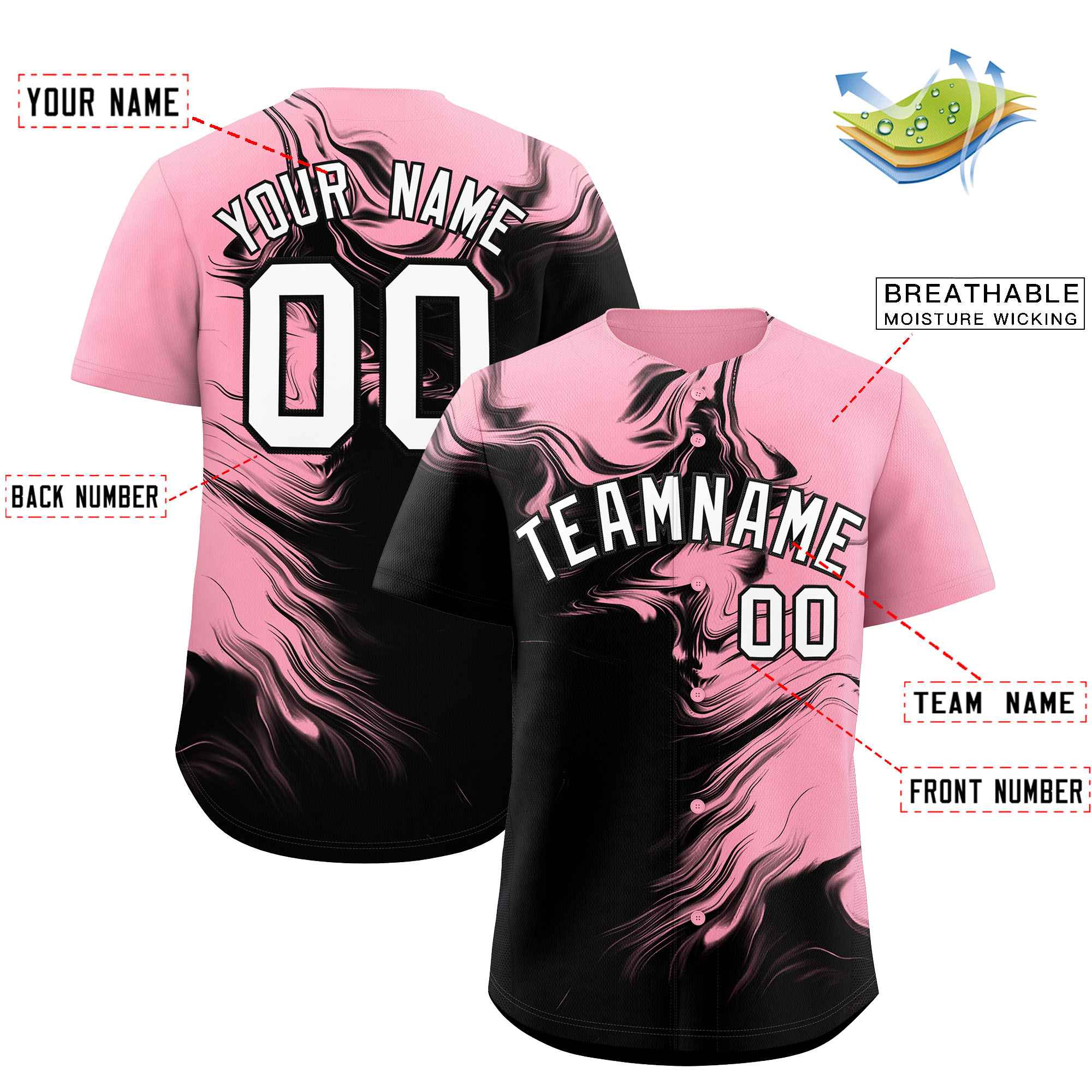 Custom Light Pink Black Personalized Ink Pattern Authentic Baseball Jersey| KXKSHOP