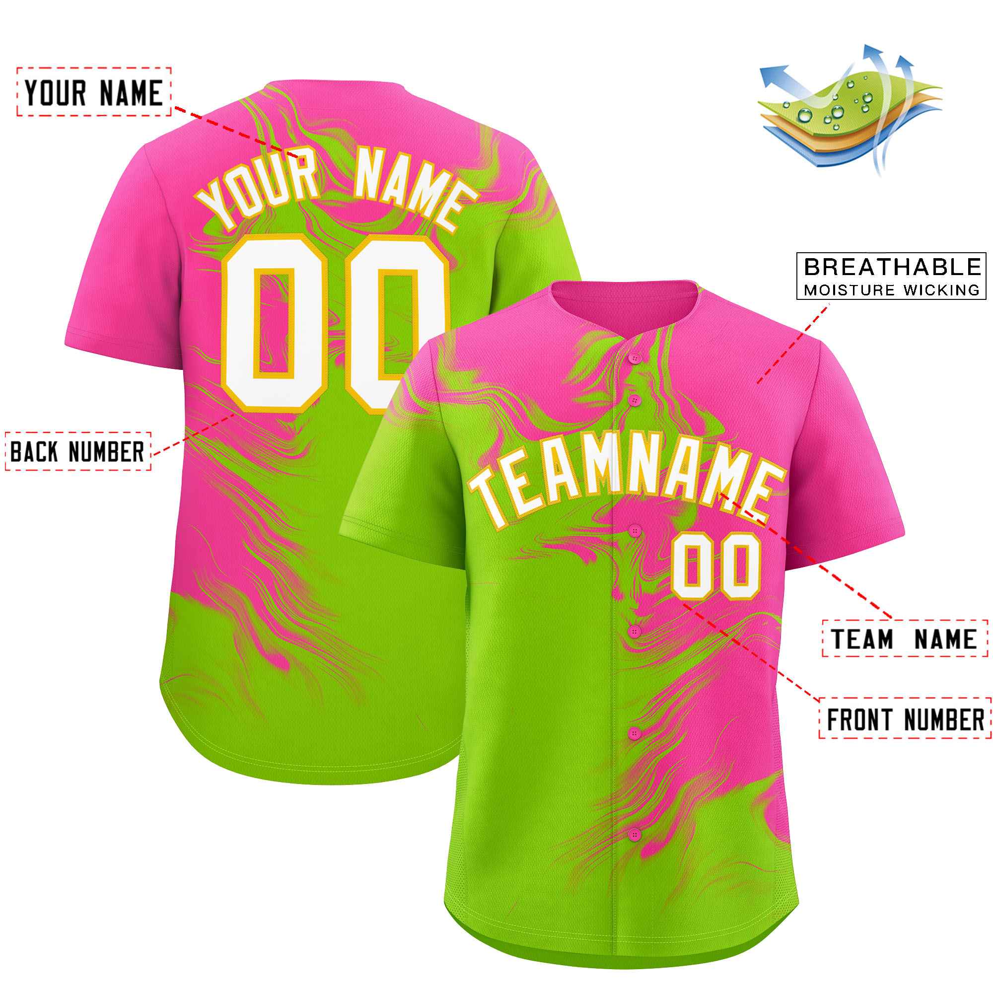 Custom Pink Neon Green Personalized Ink Pattern Authentic Baseball Jersey| KXKSHOP