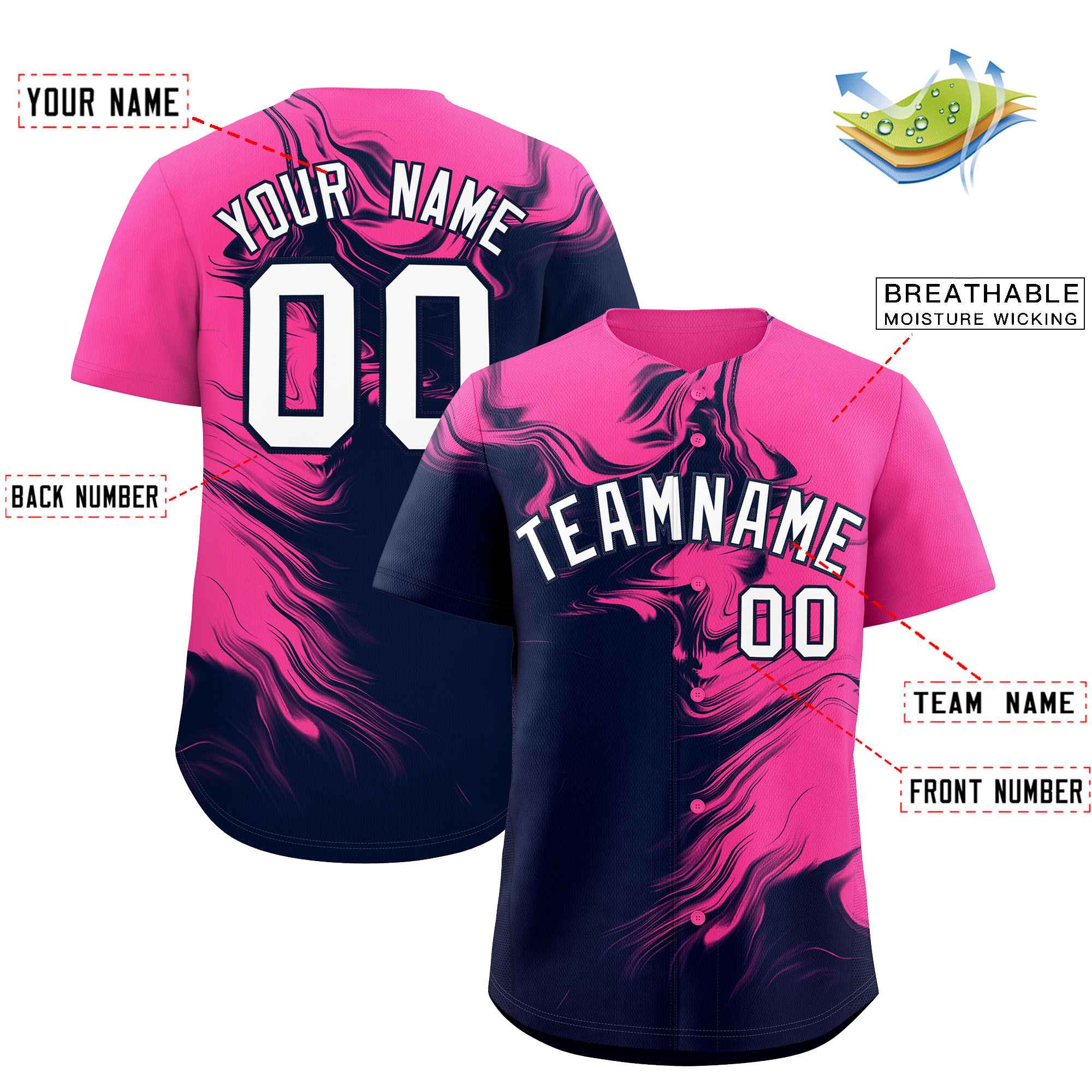 Custom Pink Navy Personalized Ink Pattern Authentic Baseball Jersey| KXKSHOP
