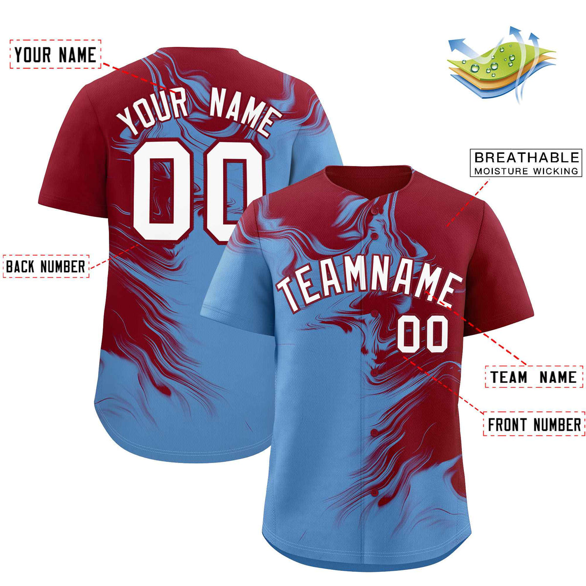 Custom Crimson Powder Blue Personalized Ink Pattern Authentic Baseball Jersey| KXKSHOP