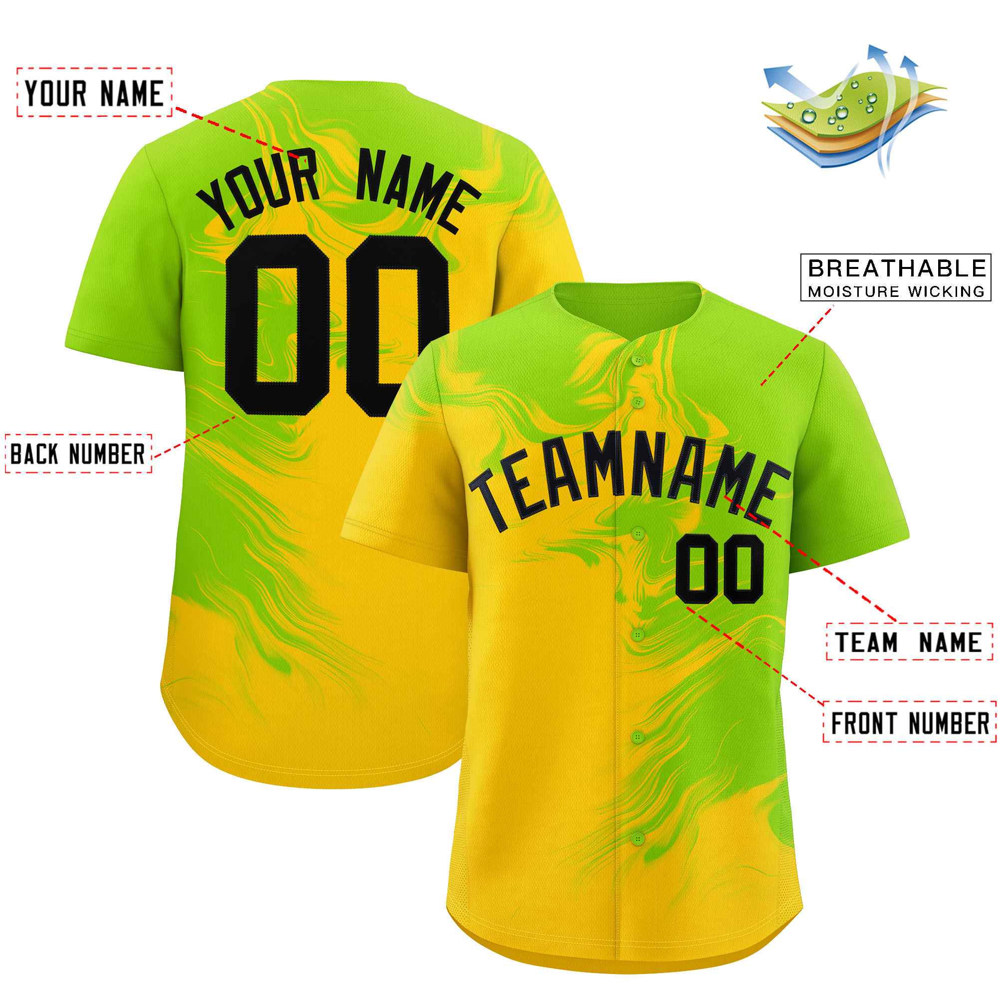 Custom Neon Green Gold Personalized Ink Pattern Authentic Baseball Jersey| KXKSHOP