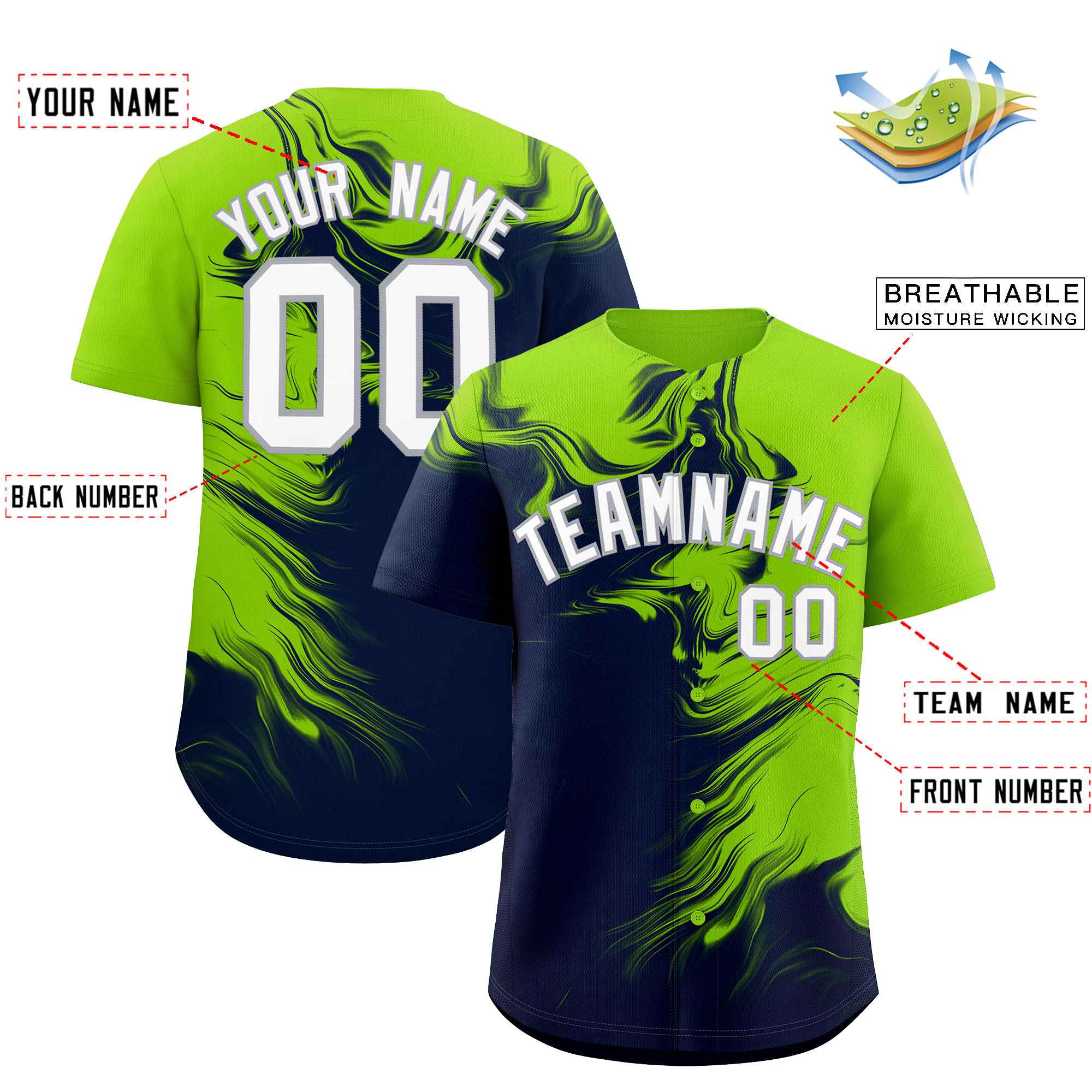 Custom Neon Green Navy Personalized Ink Pattern Authentic Baseball Jersey| KXKSHOP