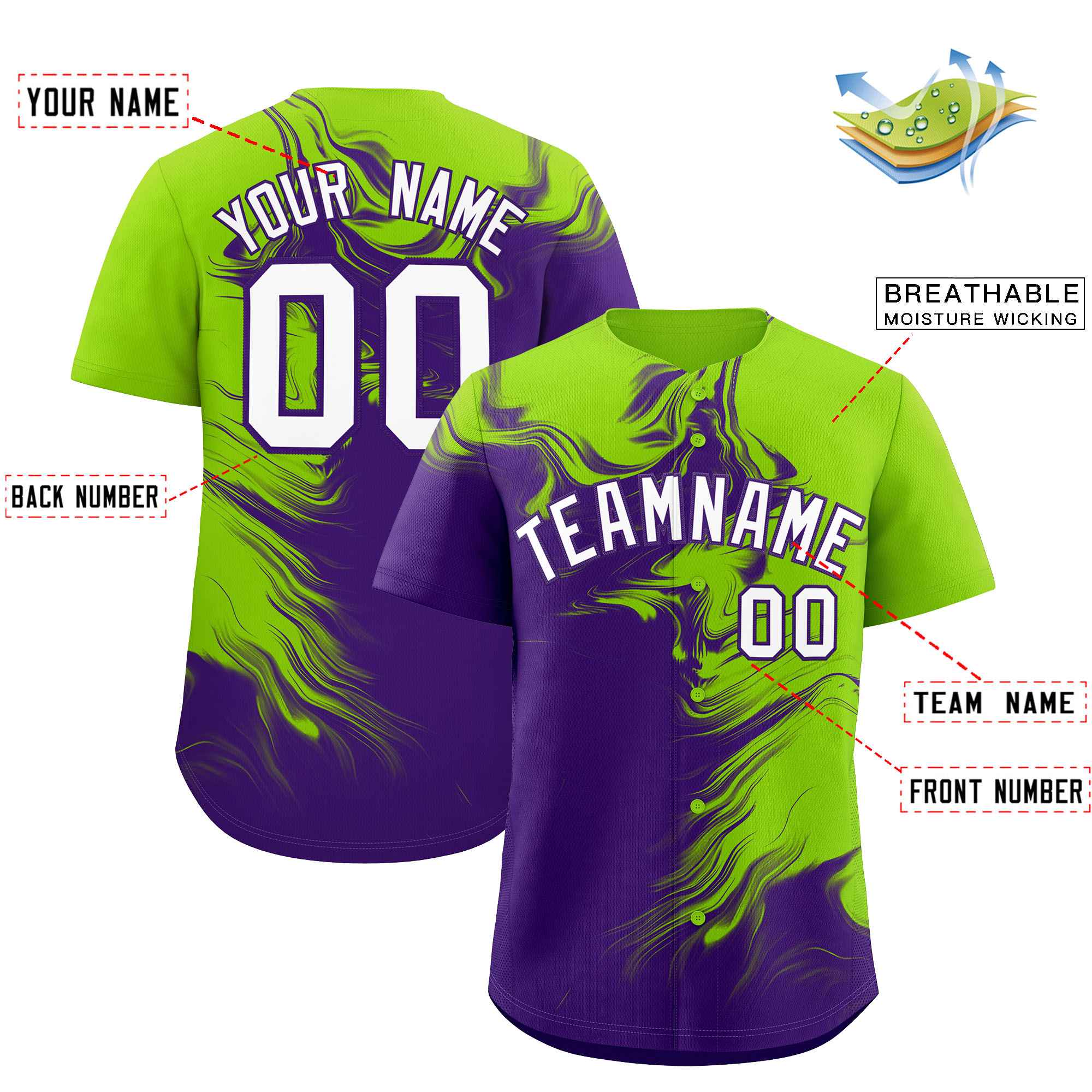 Custom Neon Green Purple Personalized Ink Pattern Authentic Baseball Jersey| KXKSHOP