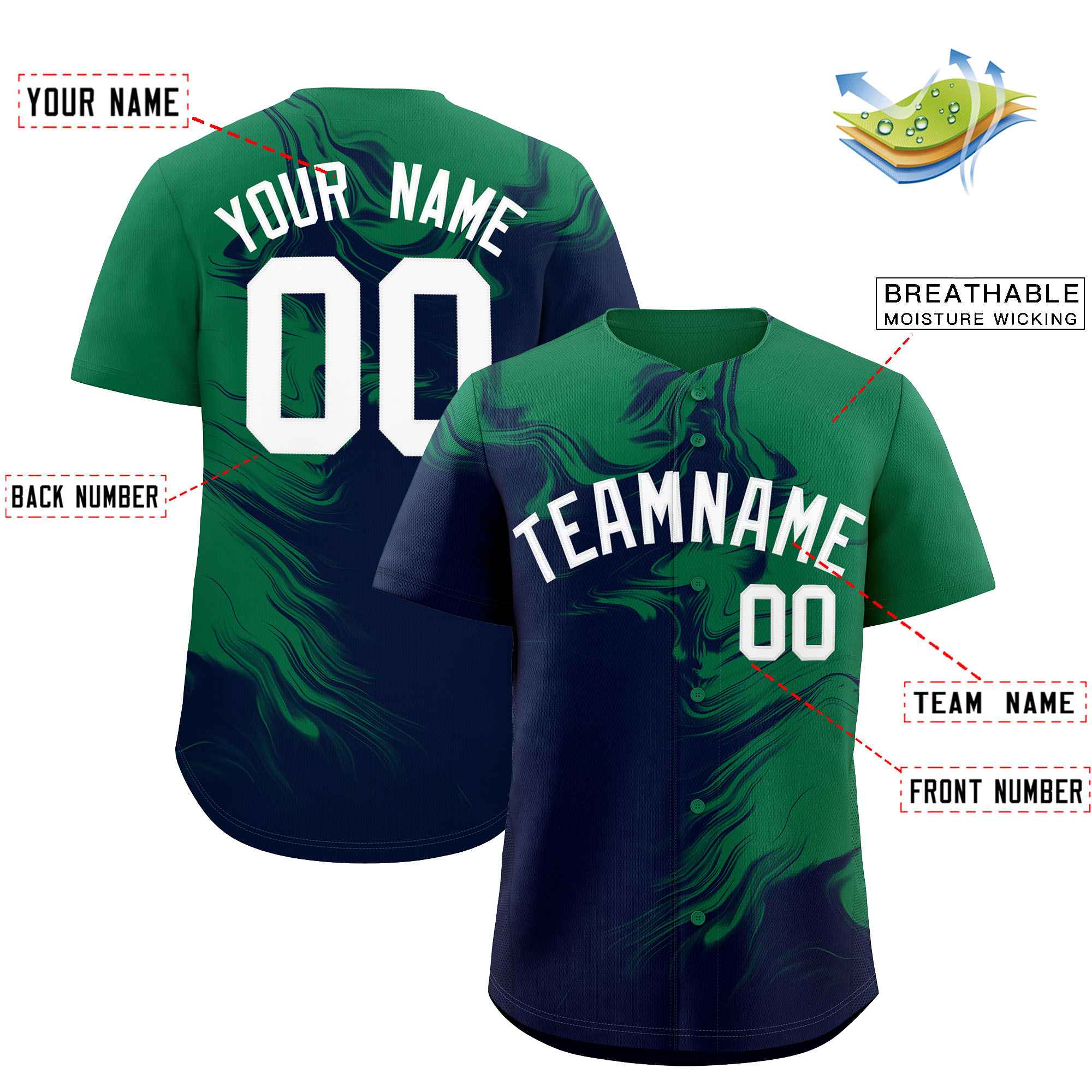 Custom Kelly Green Navy Personalized Ink Pattern Authentic Baseball Jersey| KXKSHOP