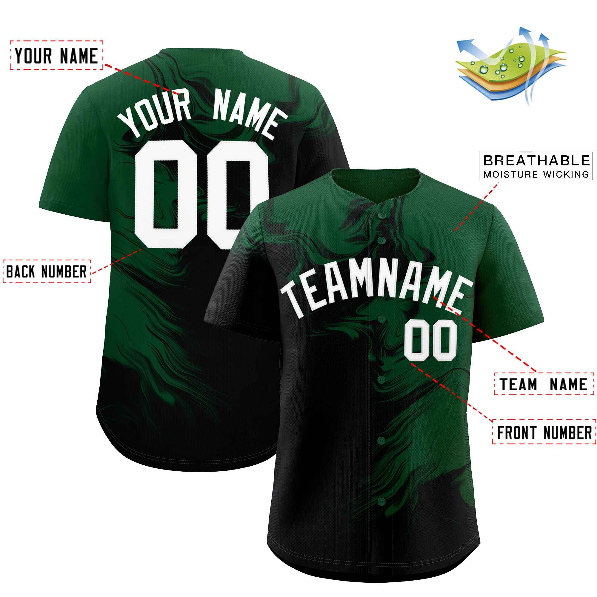 Custom Green Black Personalized Ink Pattern Authentic Baseball Jersey| KXKSHOP