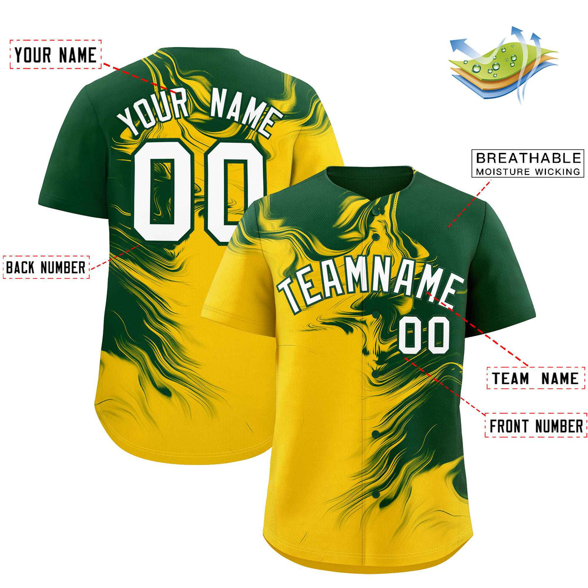 Custom Green Gold Personalized Ink Pattern Authentic Baseball Jersey| KXKSHOP