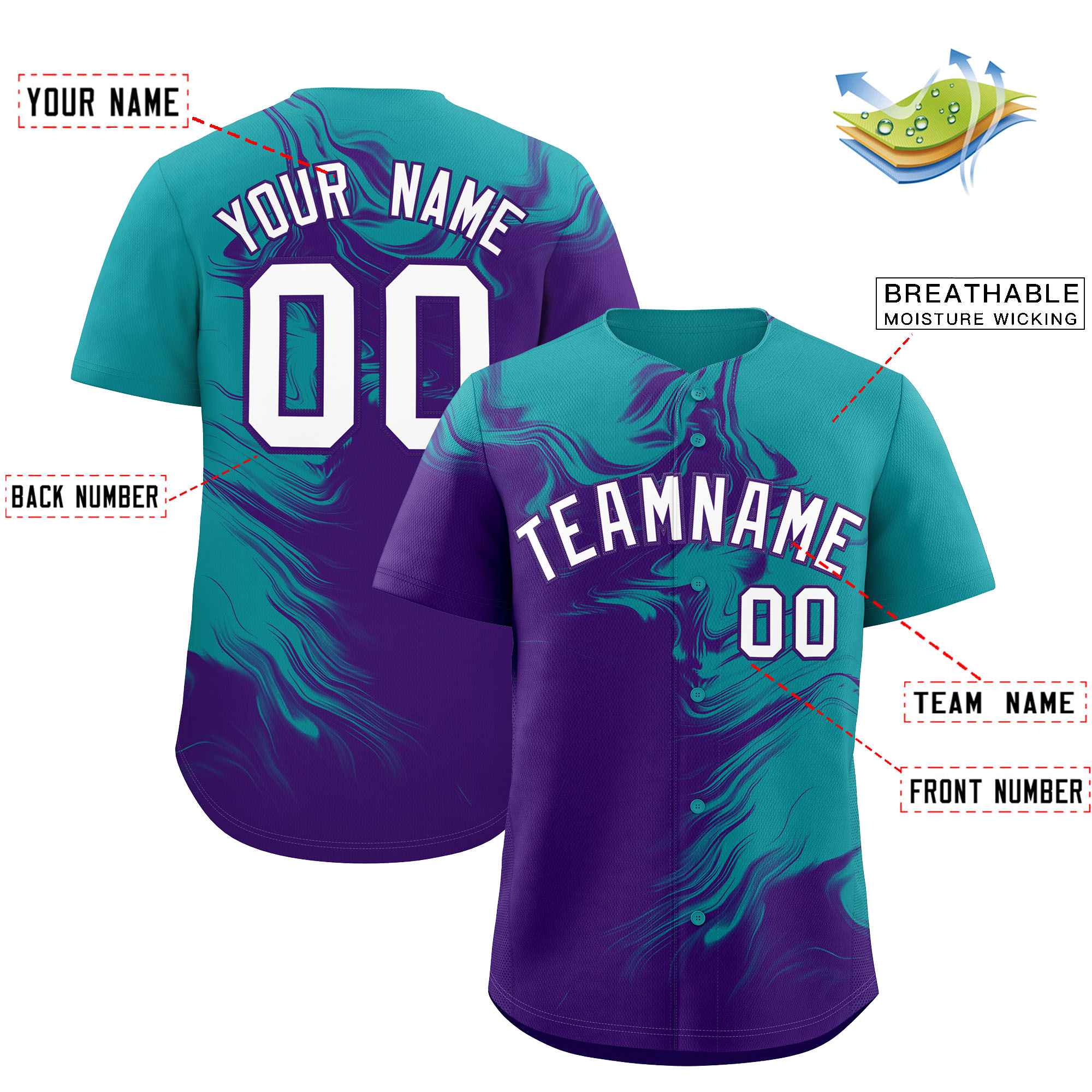 Custom Aqua Purple Personalized Ink Pattern Authentic Baseball Jersey| KXKSHOP