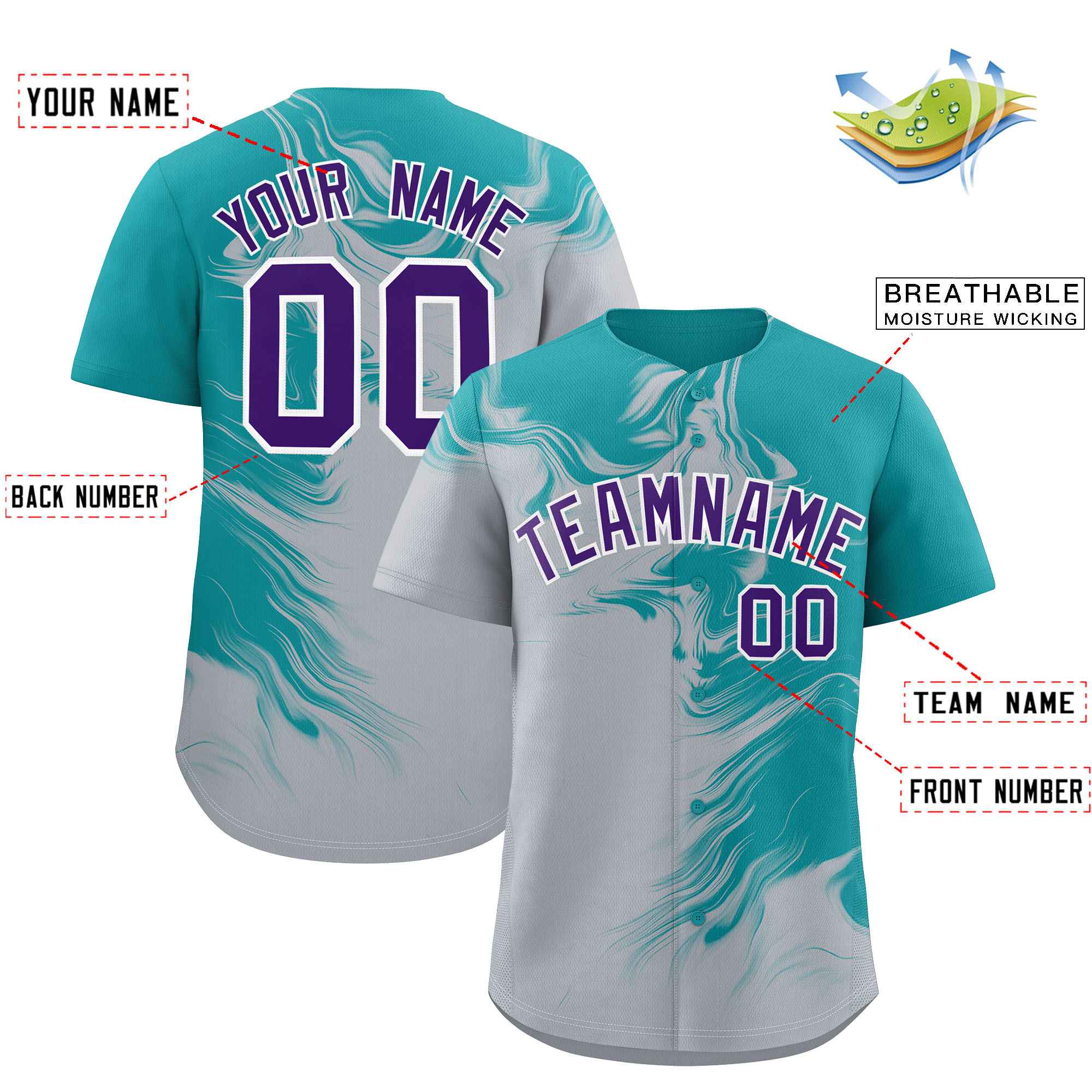 Custom Aqua Gray Personalized Ink Pattern Authentic Baseball Jersey| KXKSHOP