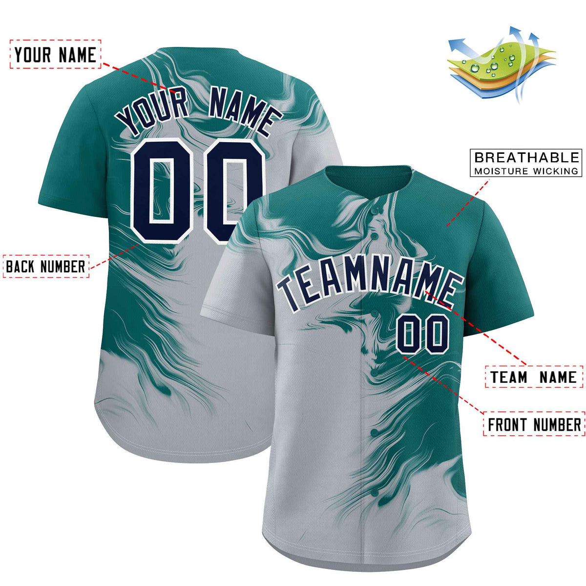 Custom Aqua Gray Personalized Ink Pattern Authentic Baseball Jersey| KXKSHOP