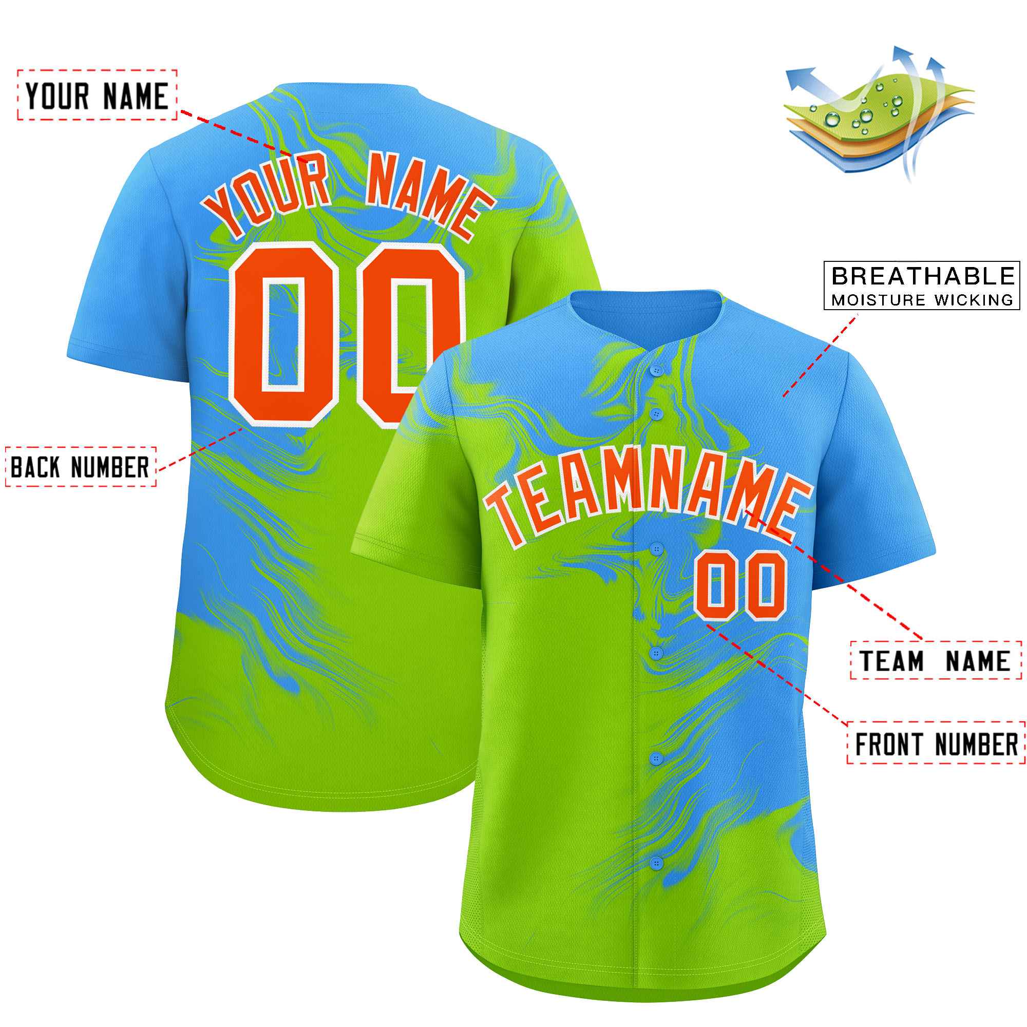 Custom Powder Blue Neon Green Personalized Ink Pattern Authentic Baseball Jersey| KXKSHOP