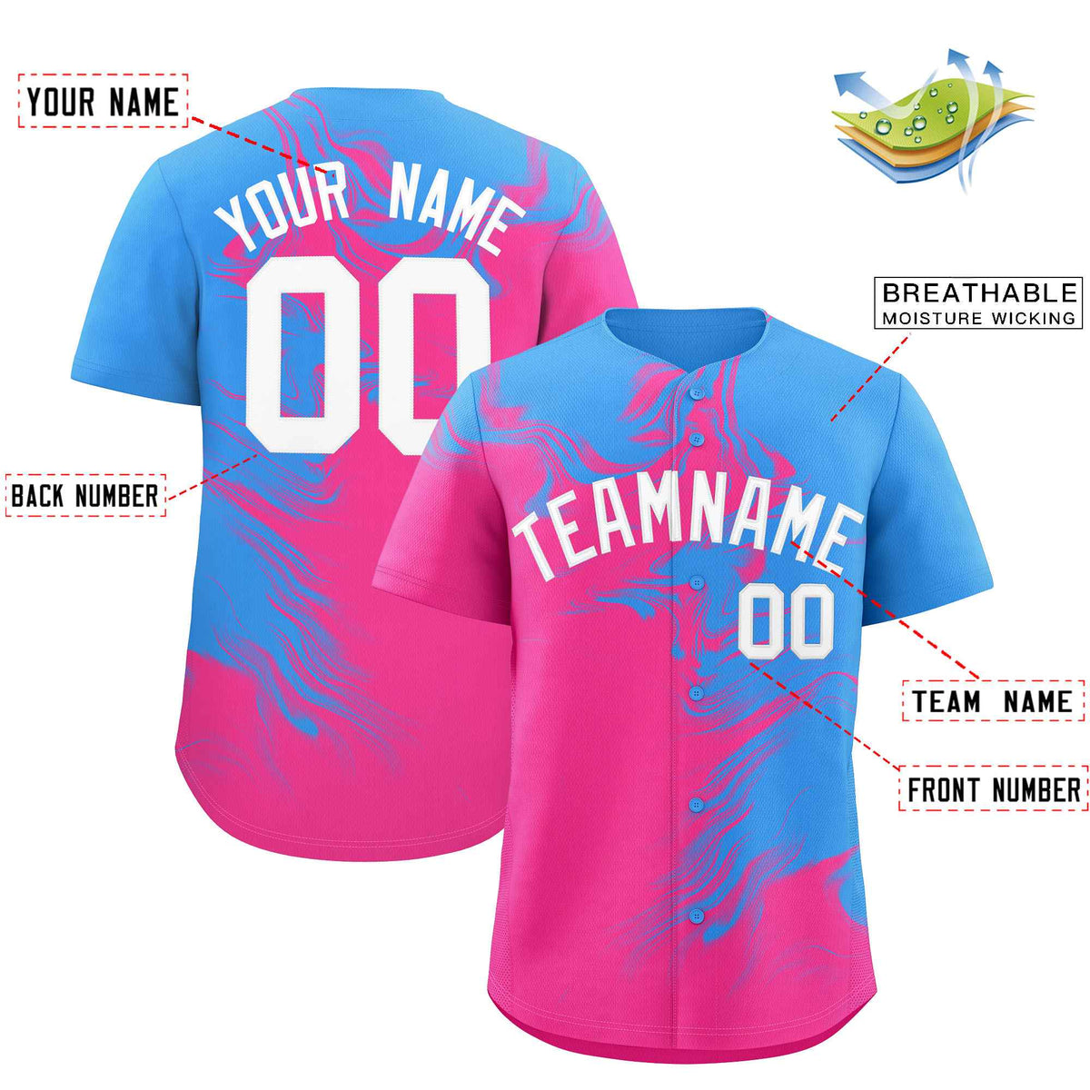 Custom Powder Blue Pink Personalized Ink Pattern Authentic Baseball Jersey| KXKSHOP