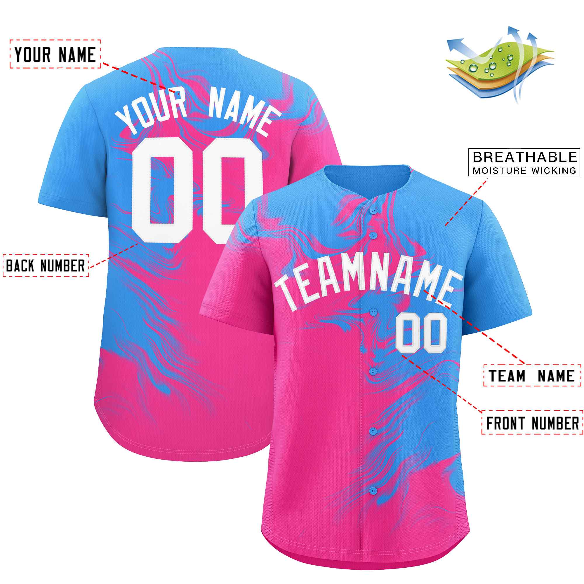 Custom Powder Blue Pink Personalized Ink Pattern Authentic Baseball Jersey| KXKSHOP