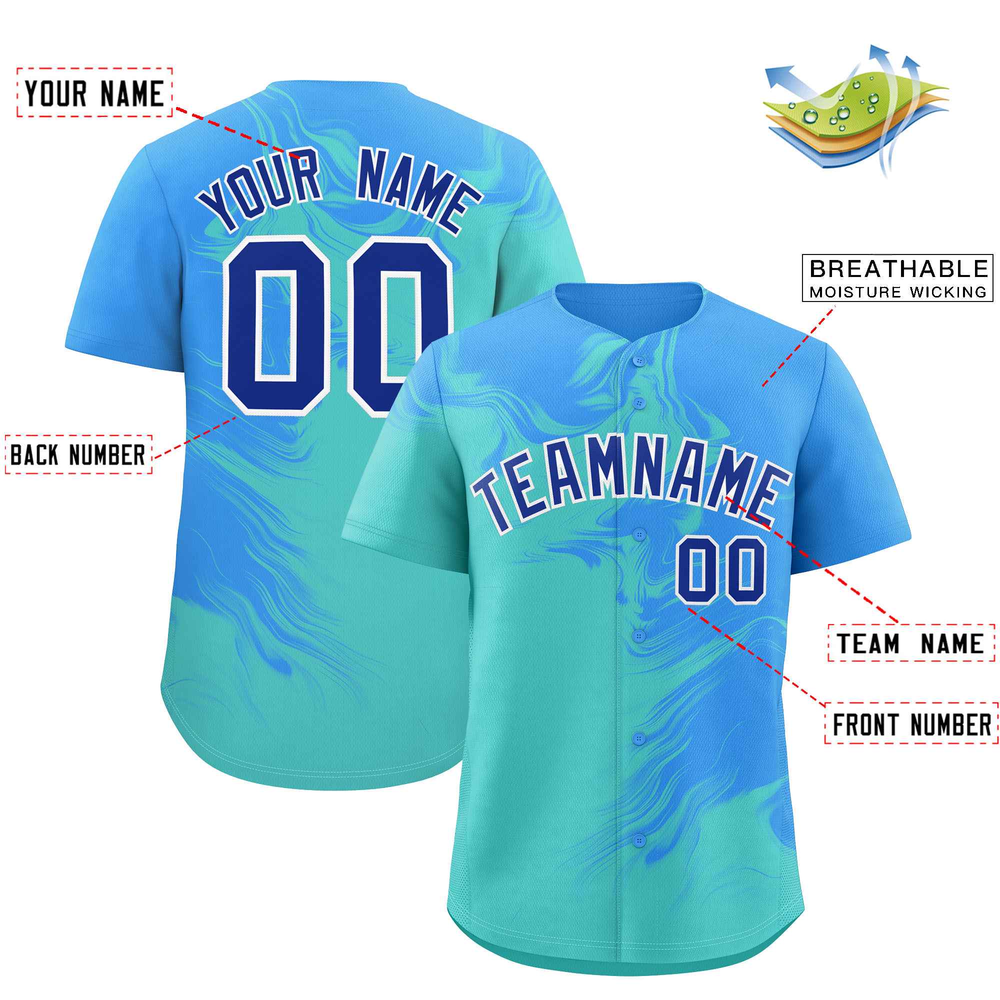Custom Powder Blue Bright Green Personalized Ink Pattern Authentic Baseball Jersey| KXKSHOP