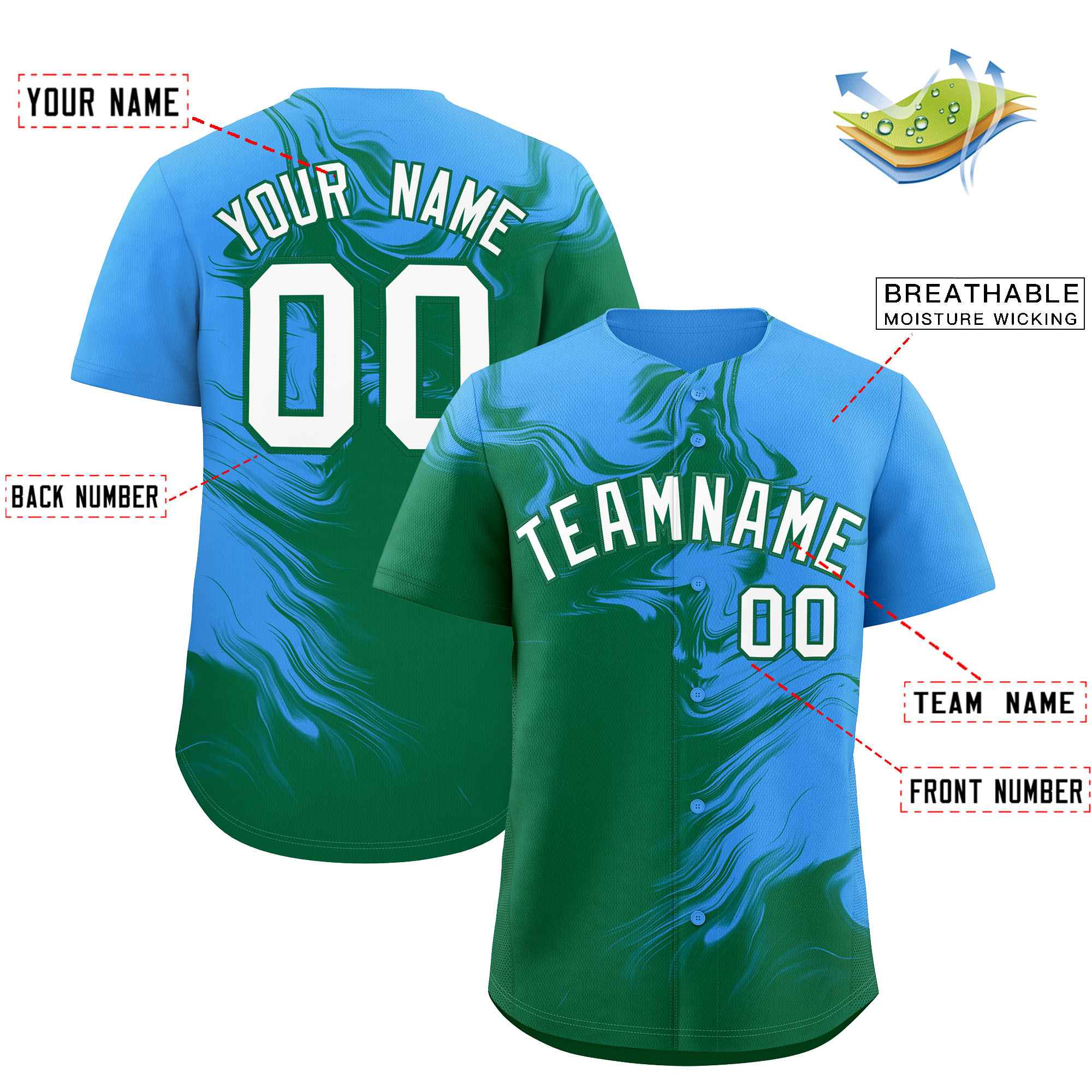 Custom Powder Blue Kelly Green Personalized Ink Pattern Authentic Baseball Jersey| KXKSHOP