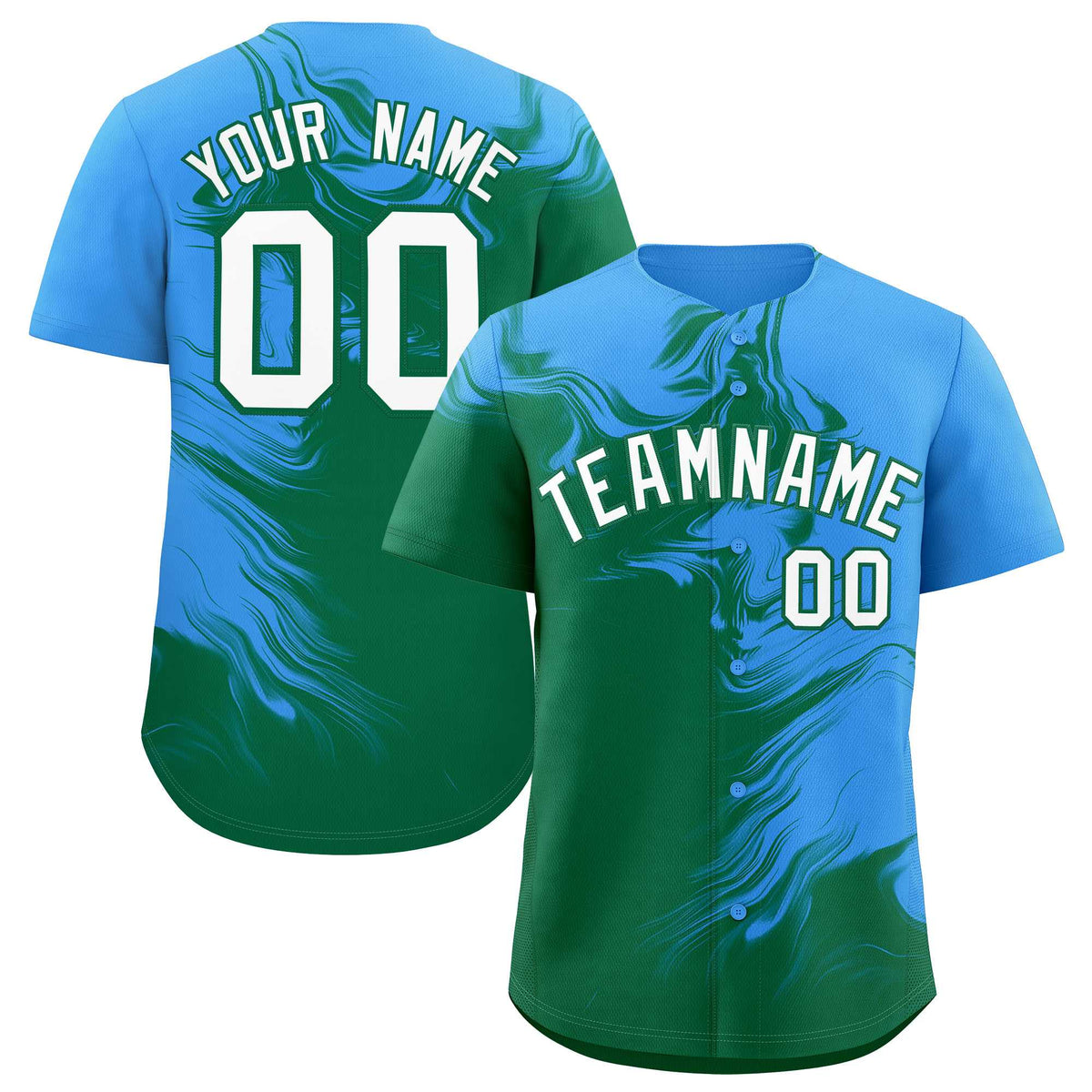 Custom Powder Blue Kelly Green Personalized Ink Pattern Authentic Baseball Jersey| KXKSHOP