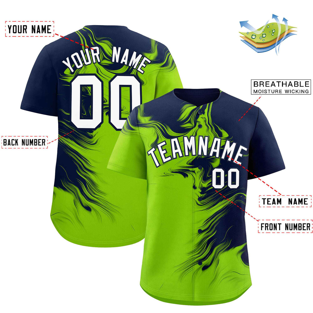 Custom Navy Neon Green Personalized Ink Pattern Authentic Baseball Jersey| KXKSHOP