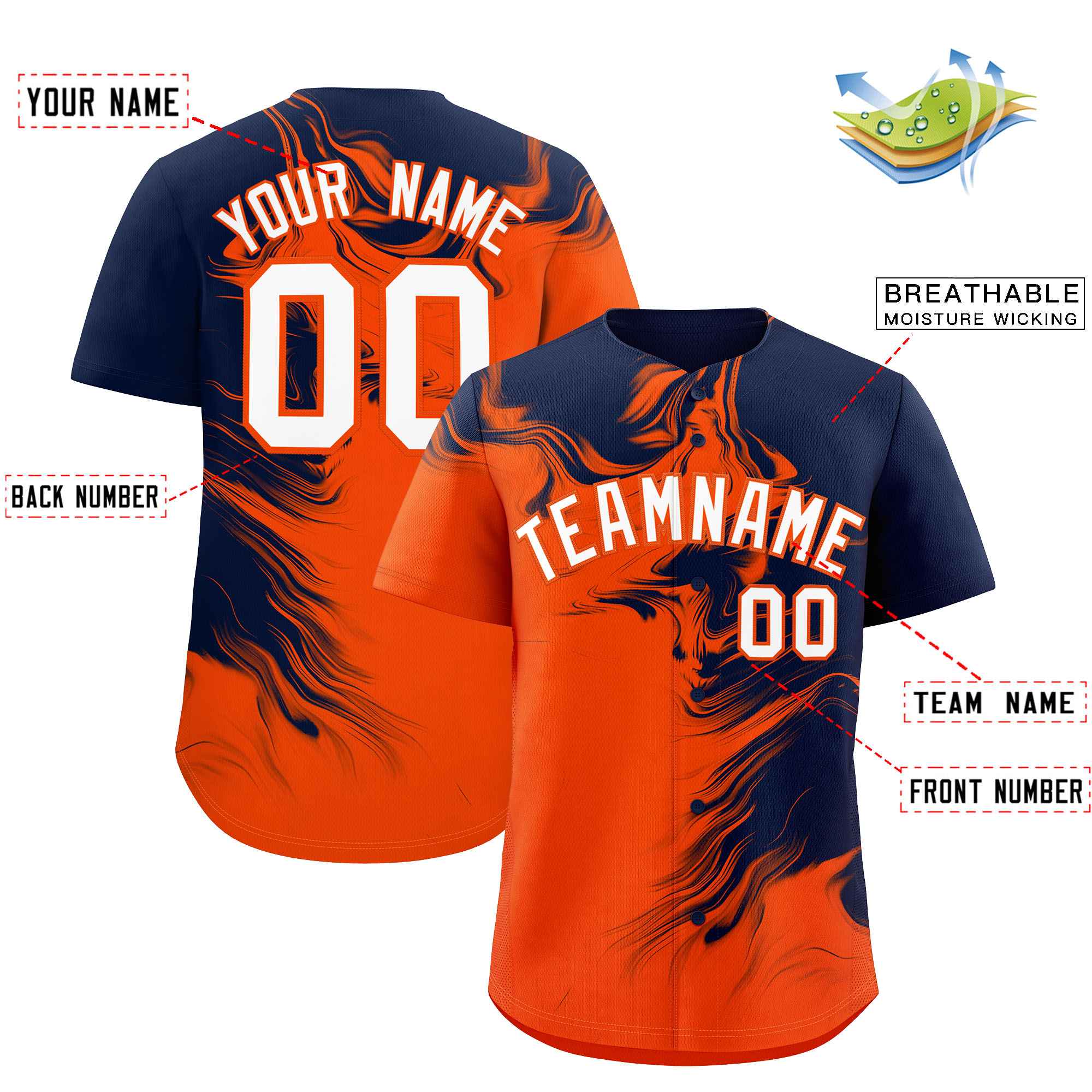 Custom Navy Orange Personalized Ink Pattern Authentic Baseball Jersey| KXKSHOP