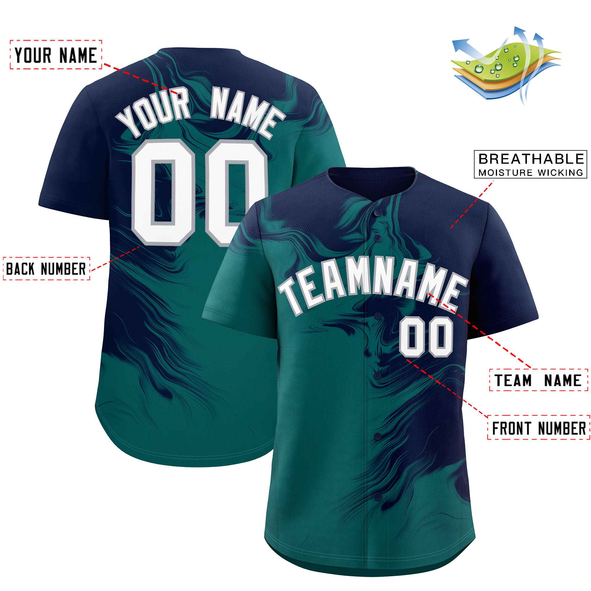 Custom Navy Aqua Personalized Ink Pattern Authentic Baseball Jersey| KXKSHOP