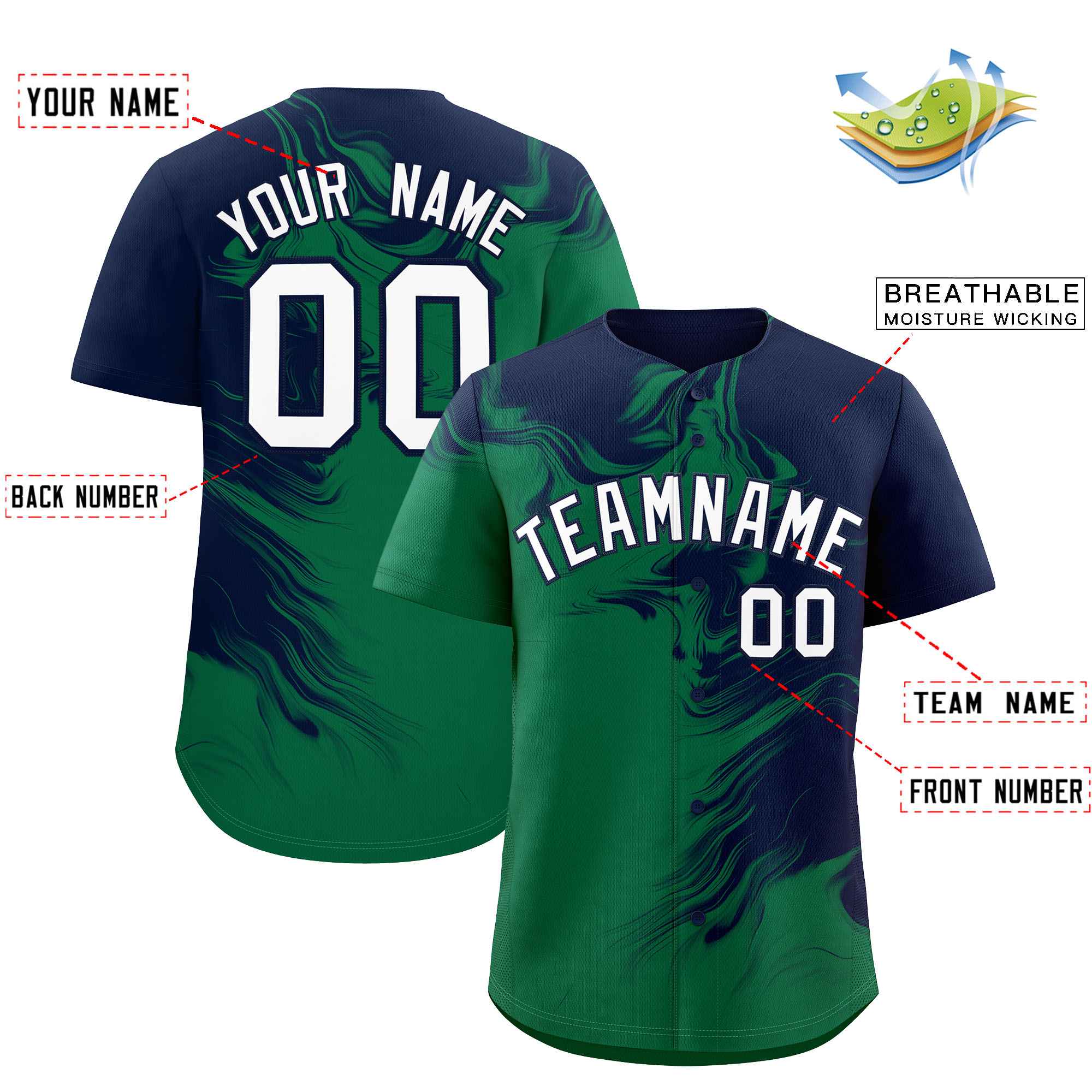 Custom Navy Kelly Green Personalized Ink Pattern Authentic Baseball Jersey| KXKSHOP