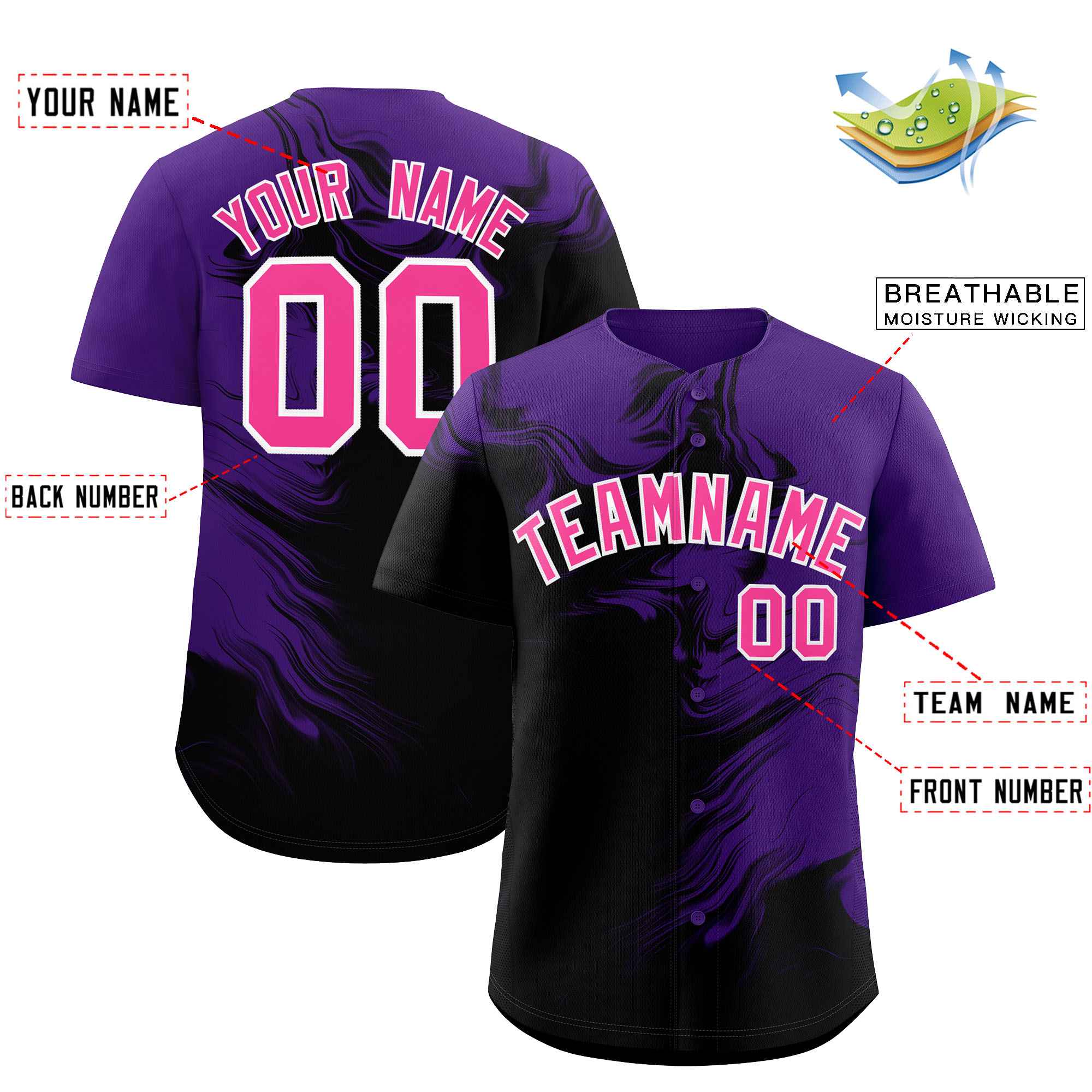 Custom Purple Black Personalized Ink Pattern Authentic Baseball Jersey| KXKSHOP