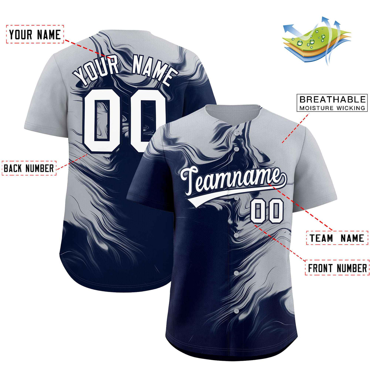 Custom Gray Navy Personalized Ink Pattern Authentic Baseball Jersey| KXKSHOP