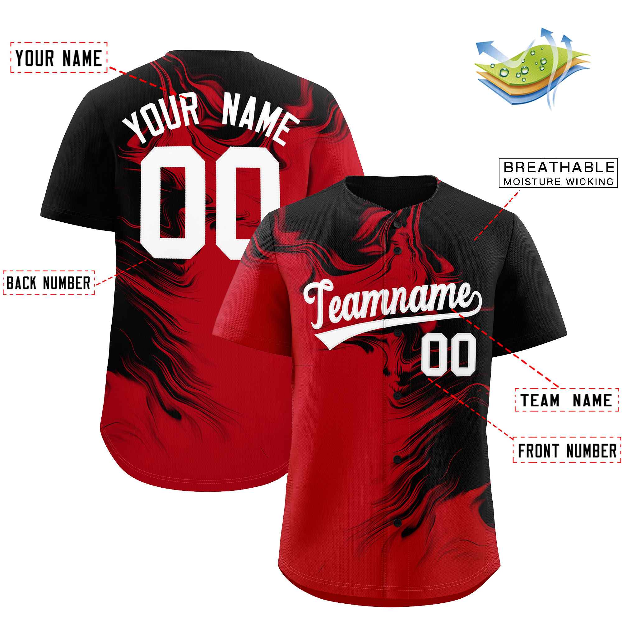 Custom Black Red Personalized Ink Pattern Authentic Baseball Jersey| KXKSHOP