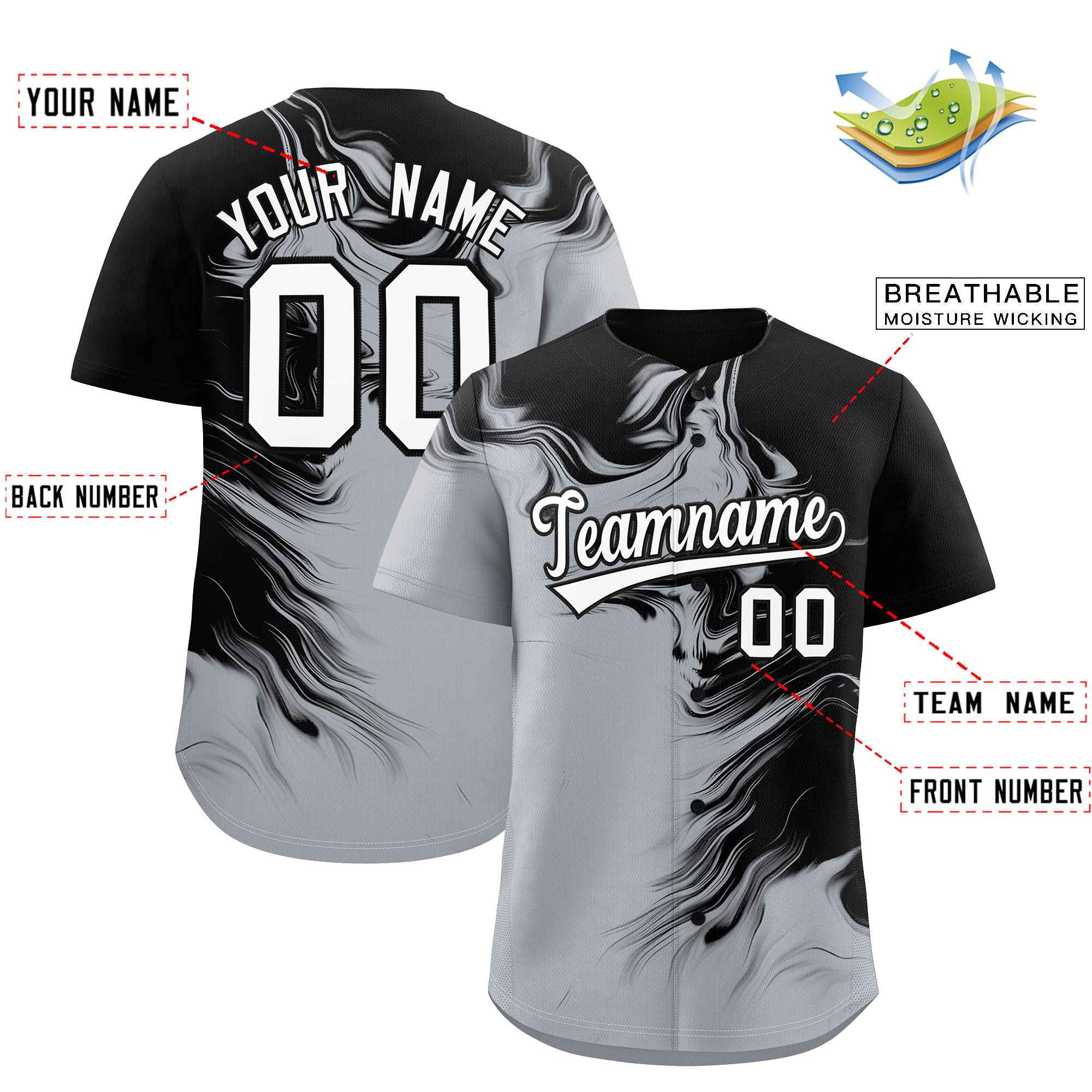 Custom Black Gray Personalized Ink Pattern Authentic Baseball Jersey| KXKSHOP