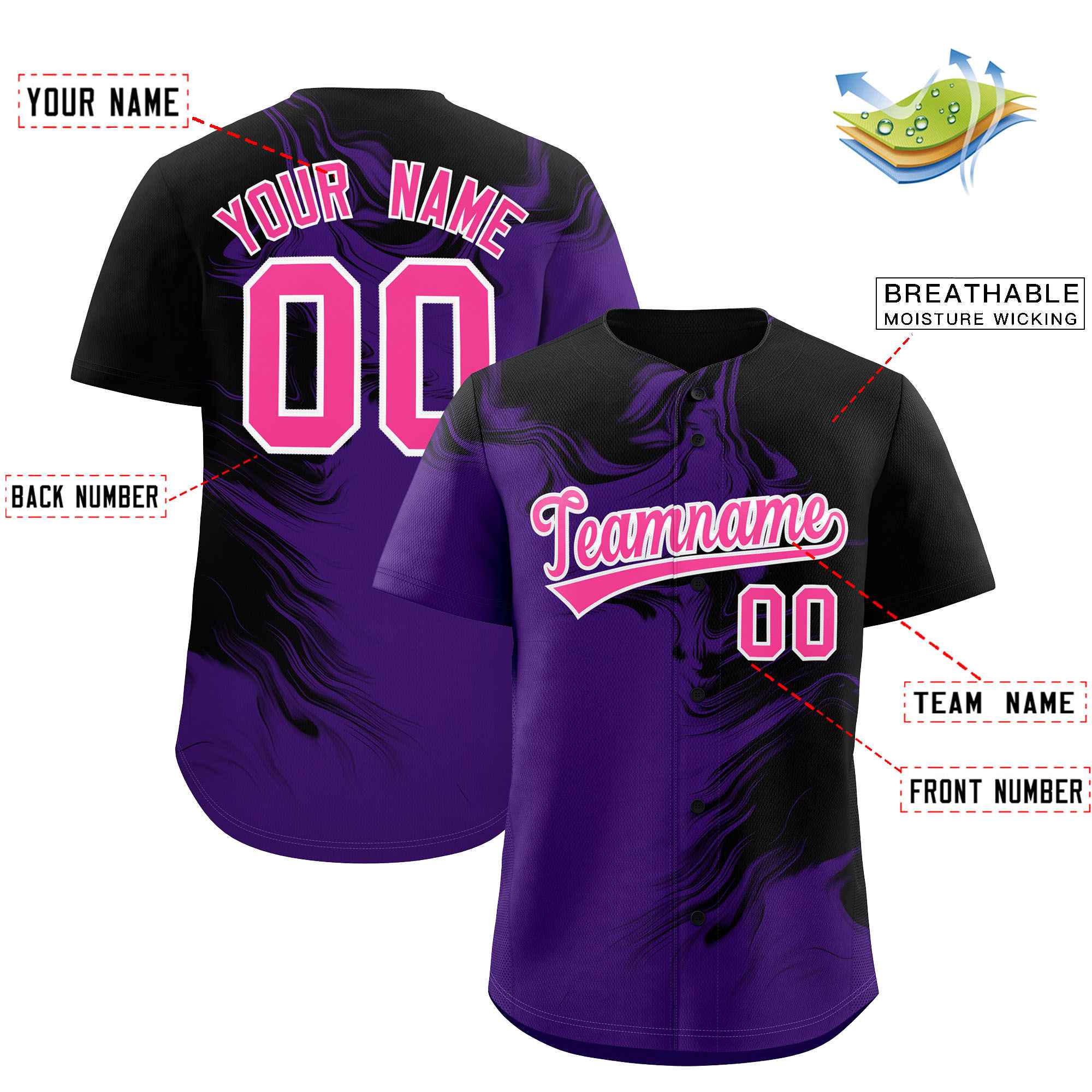 Custom Black Purple Personalized Ink Pattern Authentic Baseball Jersey| KXKSHOP