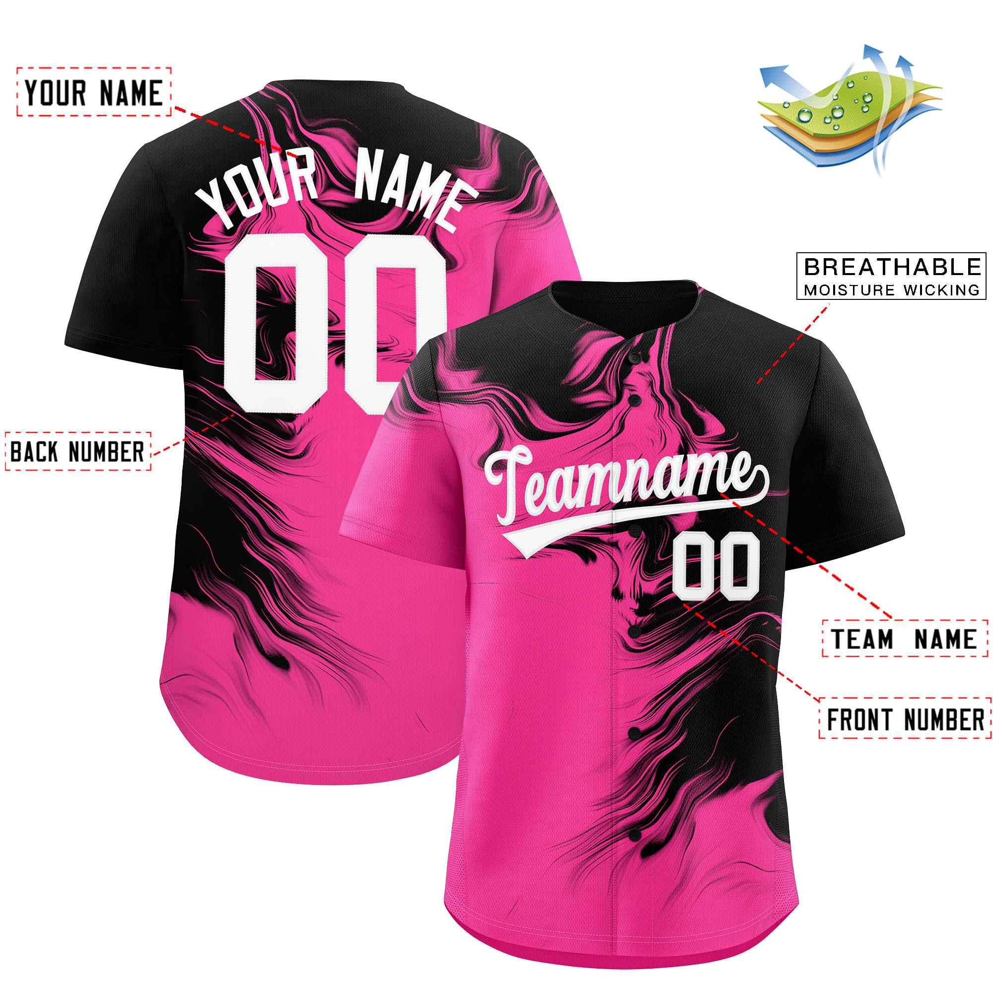 Custom Black Pink Personalized Ink Pattern Authentic Baseball Jersey| KXKSHOP