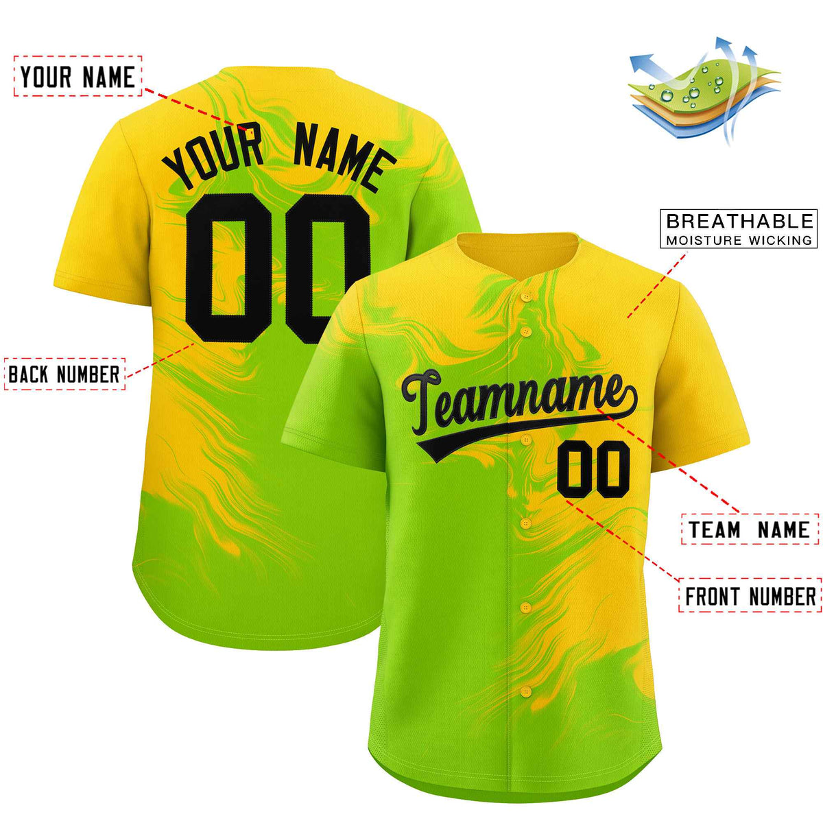 Custom Gold Neon Green Personalized Ink Pattern Authentic Baseball Jersey| KXKSHOP