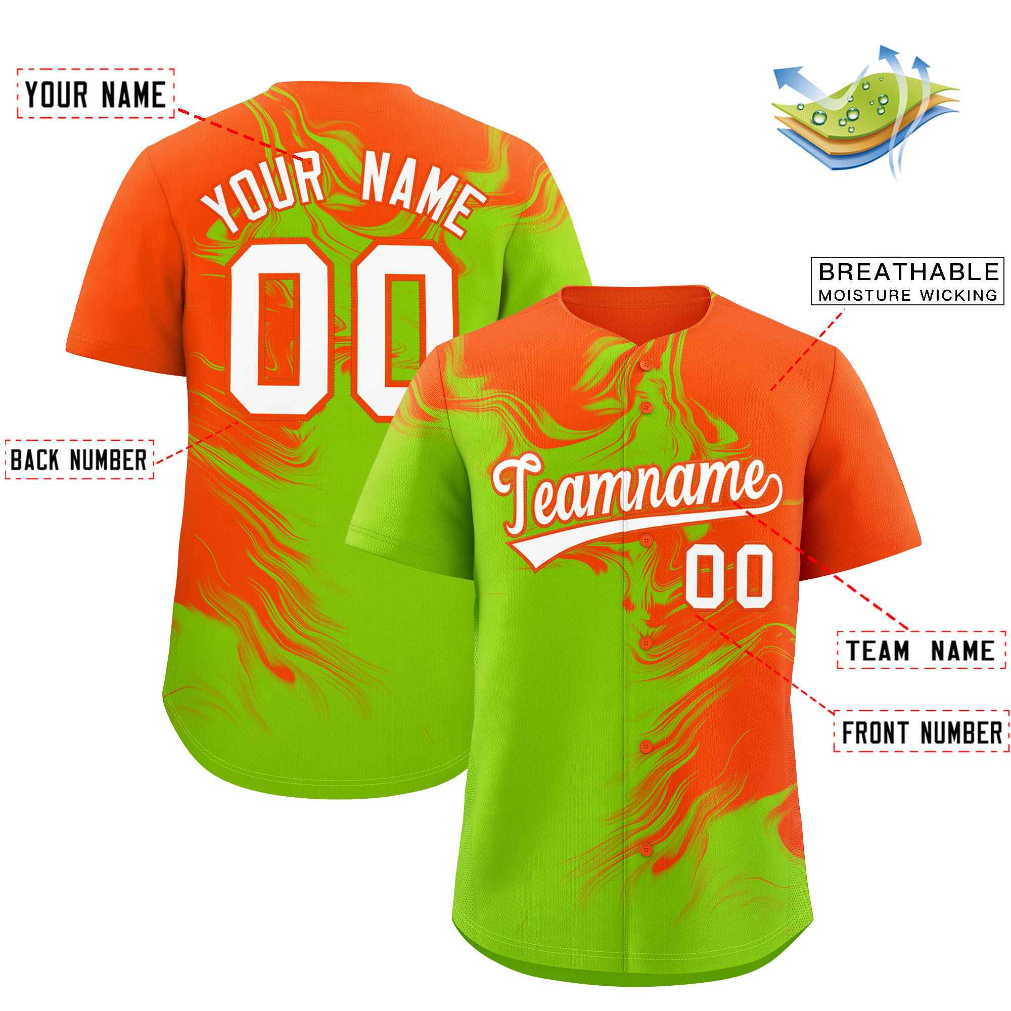 Custom Orange Neon Green Personalized Ink Pattern Authentic Baseball Jersey| KXKSHOP