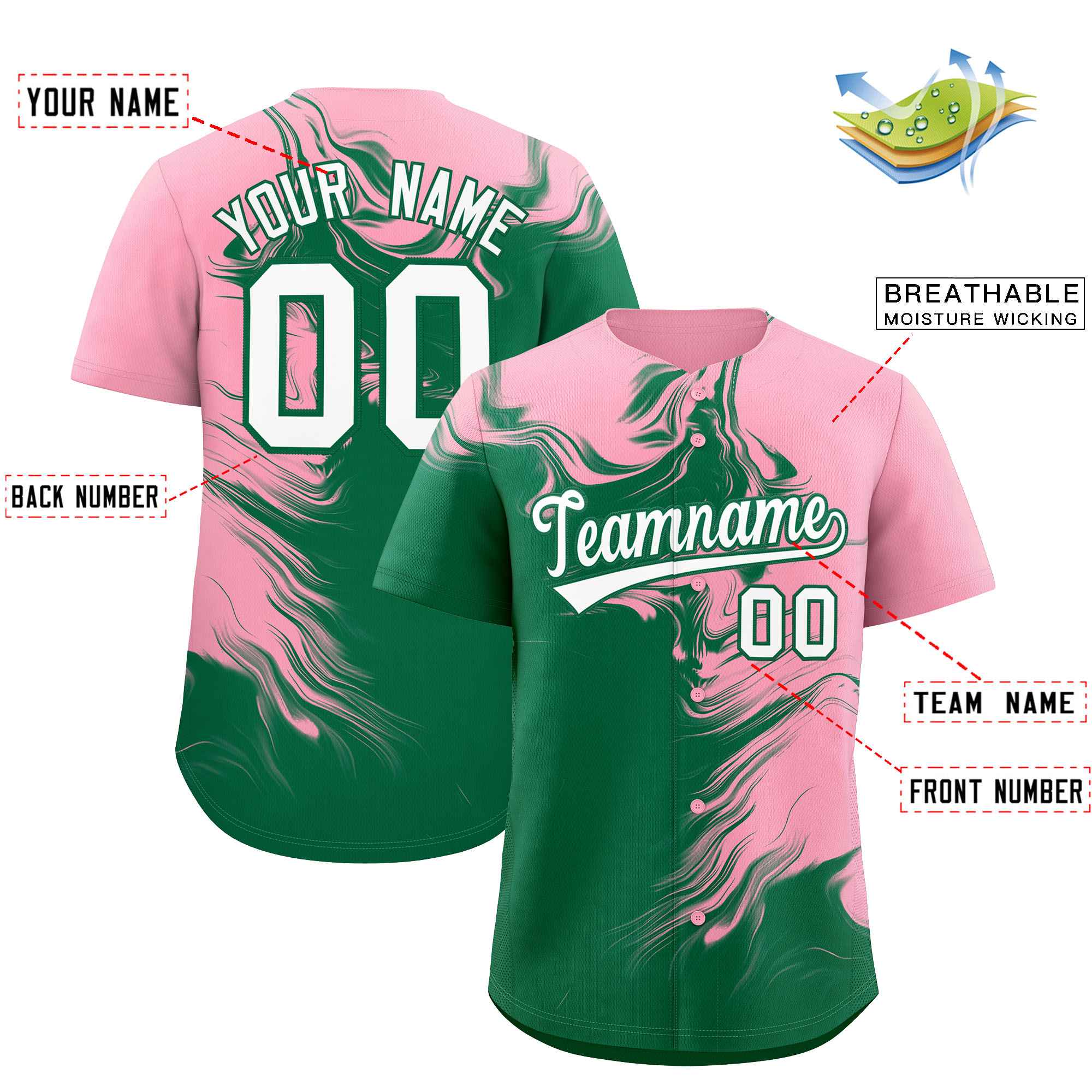 Custom Light Pink Kelly Green Personalized Ink Pattern Authentic Baseball Jersey| KXKSHOP