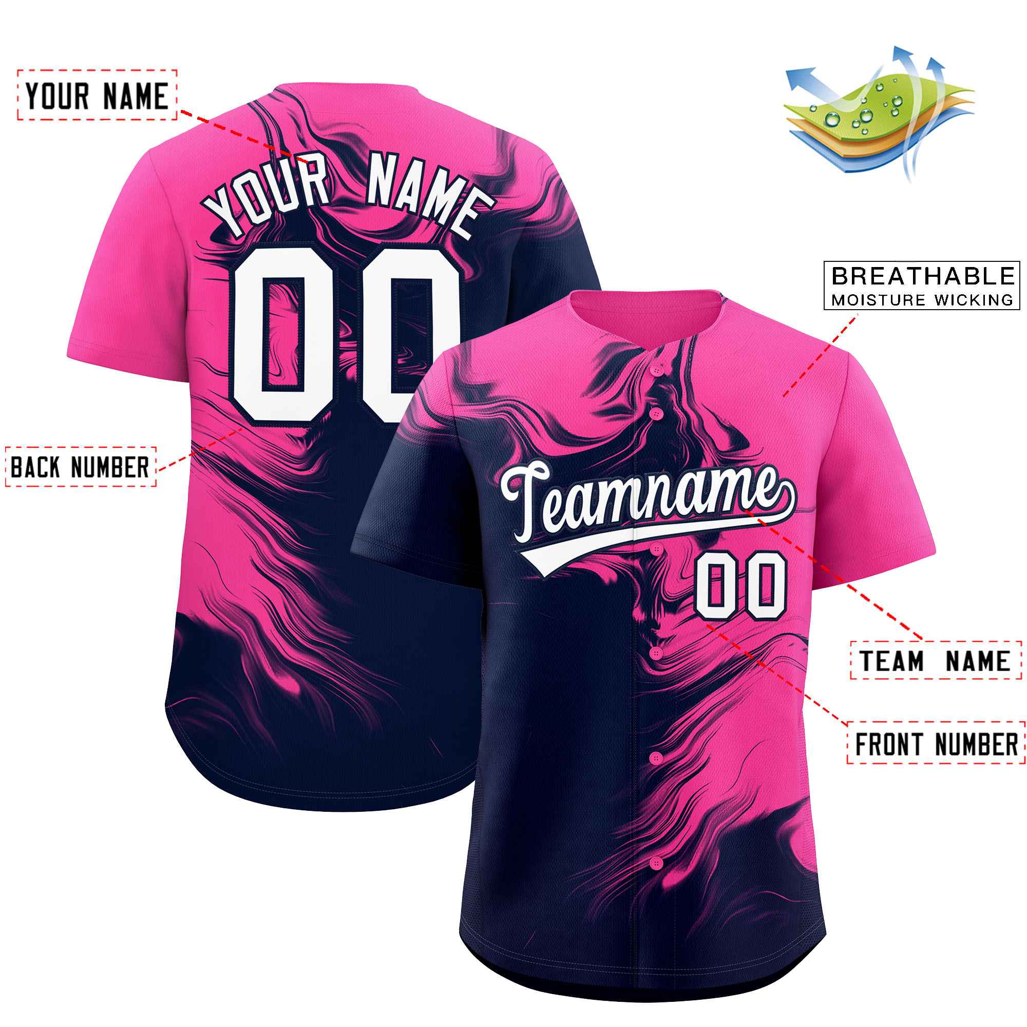 Custom Pink Navy Personalized Ink Pattern Authentic Baseball Jersey| KXKSHOP
