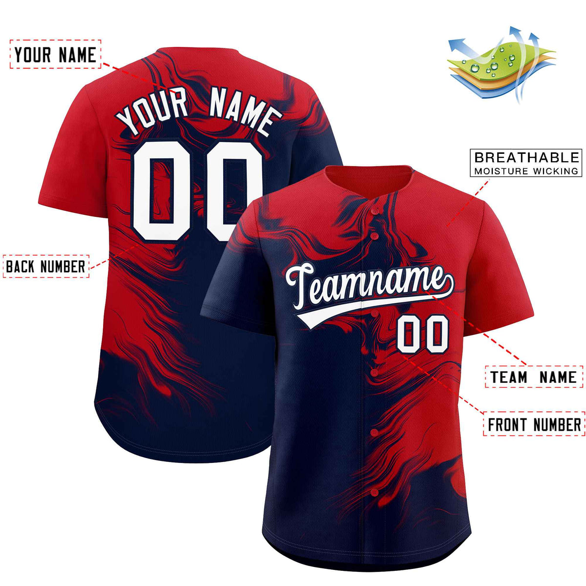 Custom Red Navy Personalized Ink Pattern Authentic Baseball Jersey| KXKSHOP