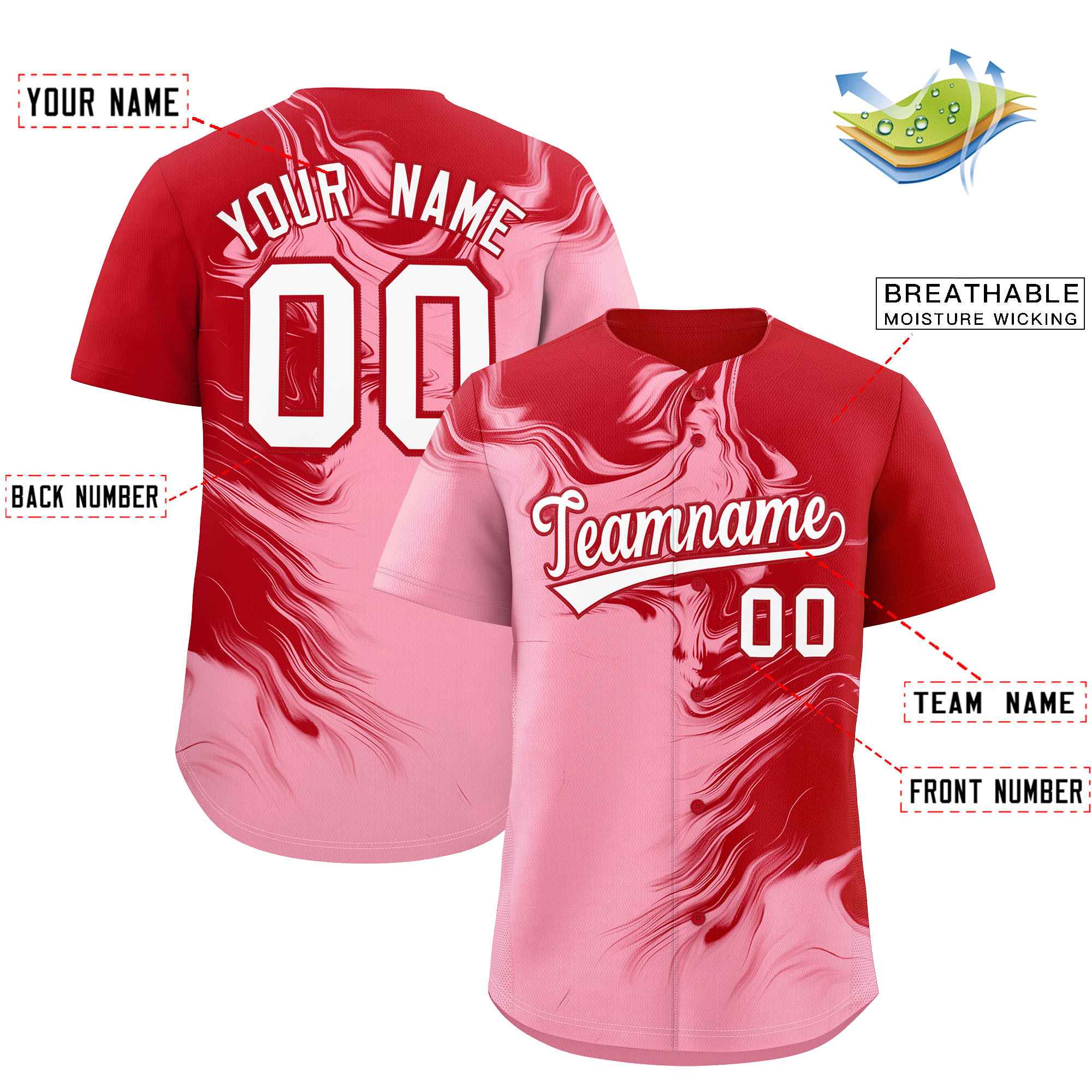 Custom Red Light Pink Personalized Ink Pattern Authentic Baseball Jersey| KXKSHOP